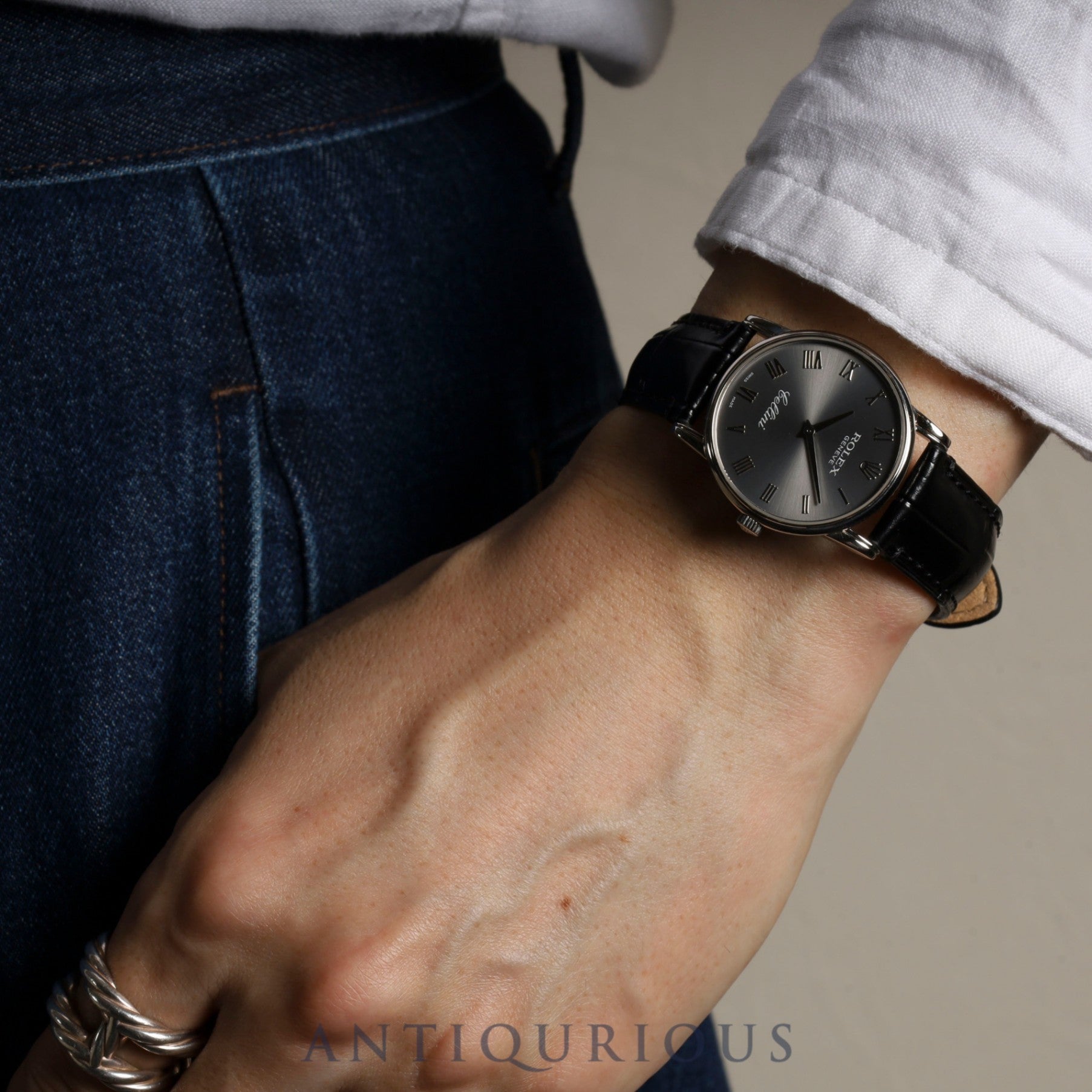 ロレックス チェリーニ 5116/9 手巻き Cal.1602 750 革 純正尾錠(750) グレーローマン文字盤 箱 保証書(2011年) オーバーホール済み