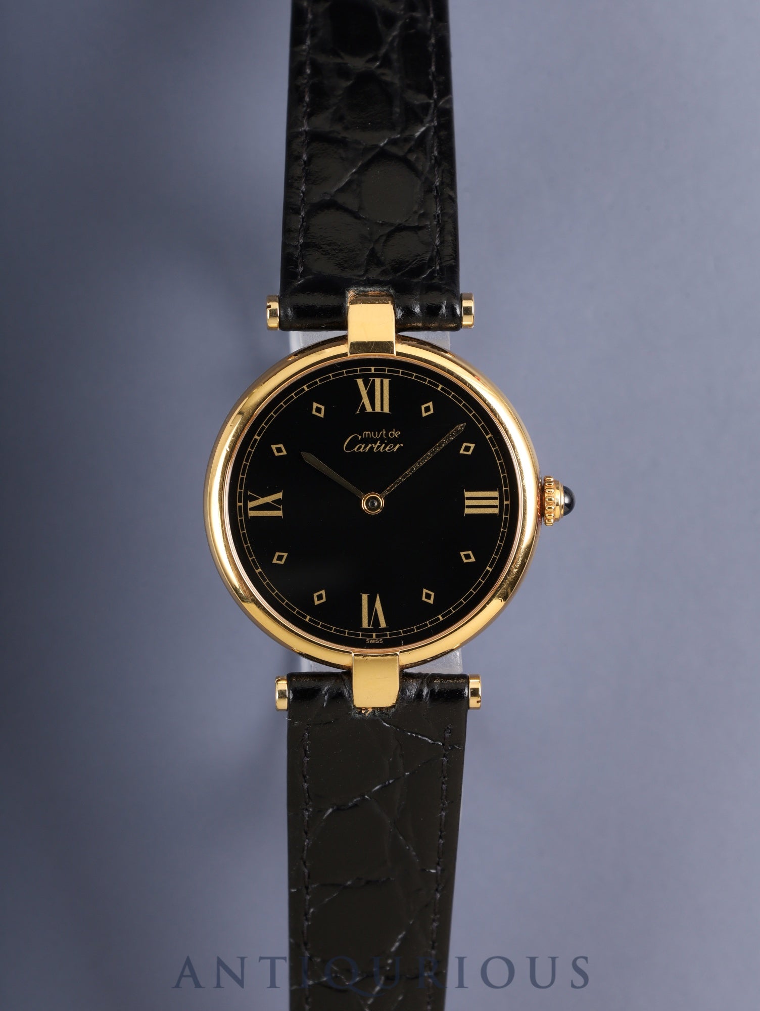 カルティエ マスト ヴァンドーム VLC LM 590003 クォーツ Cal.90 SV925 革 純正尾錠(GP) ブラック飛びローマン文字盤 オーバーホール済み