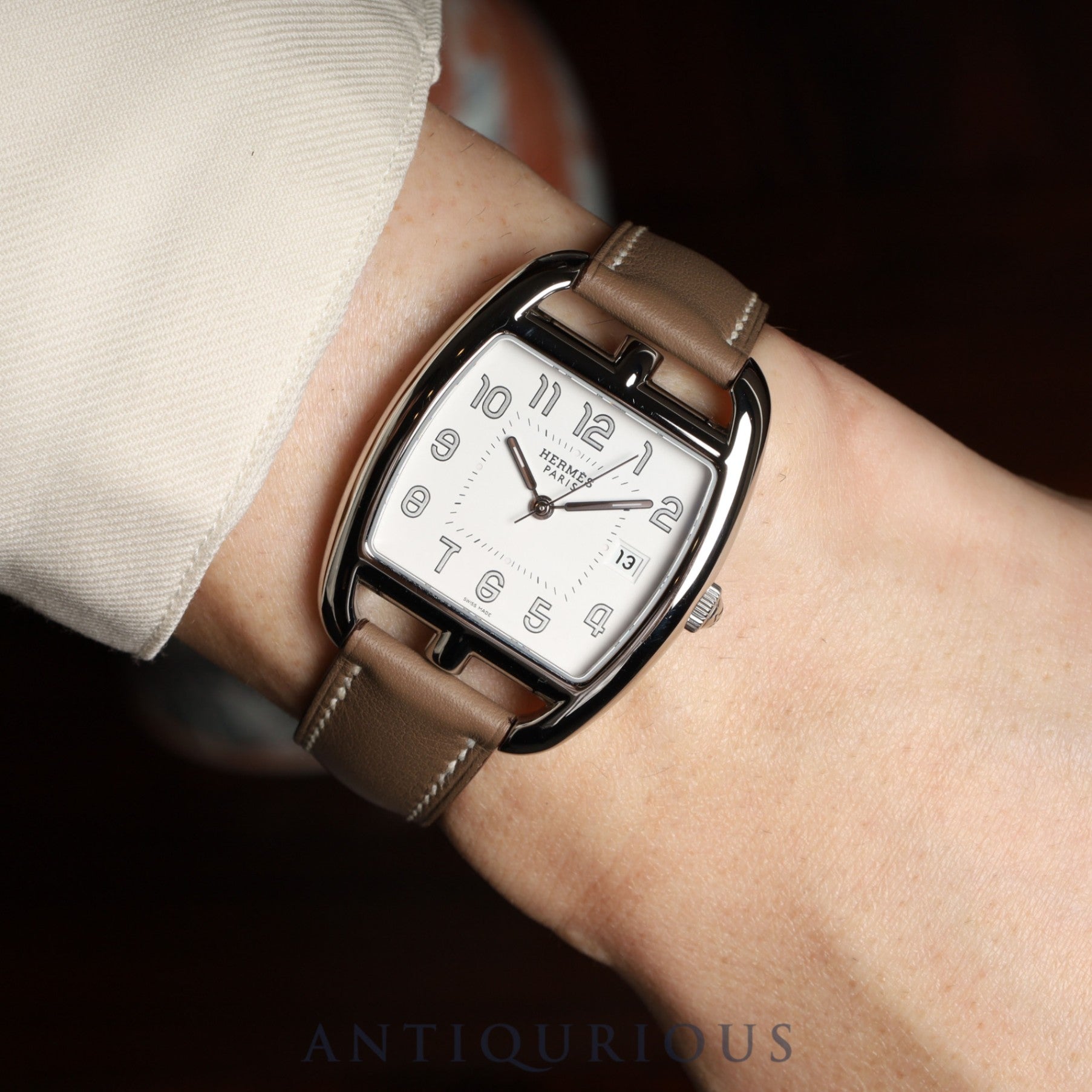 Hermès Cape Cod Tonneau CT1.710 Quartz Movement, Stainless Steel, Genuine Leather Strap (Stamped N: 2010), Genuine Buckle (SS), White Dial, Box, Warranty Card (2010), Overhauled