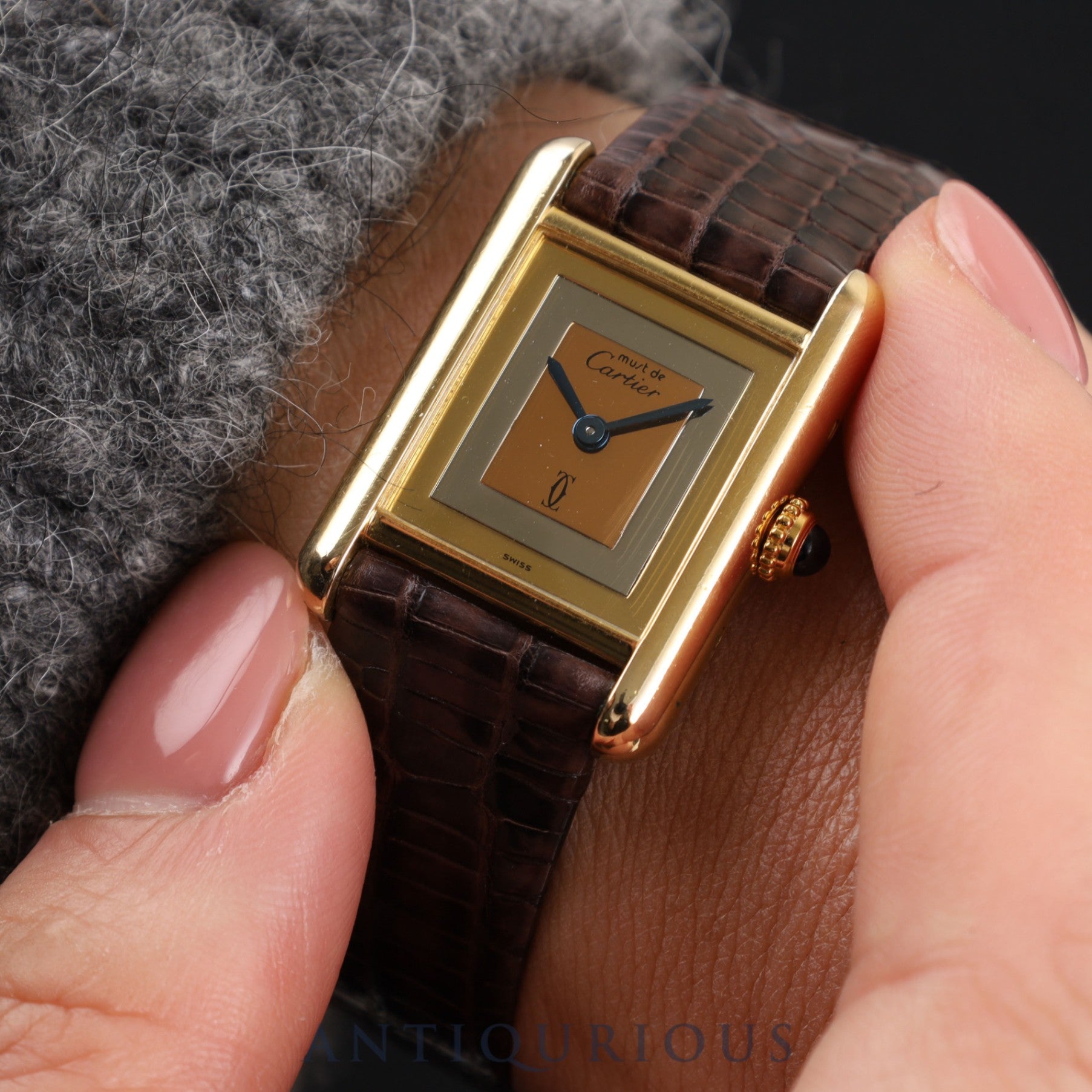 Cartier Must Tank SM 4919123 / 3 66001 Quartz Caliber 057 SV925 Leather Strap with Genuine GP Buckle, Square Trinity Dial, Box, Warranty Card, Overhauled