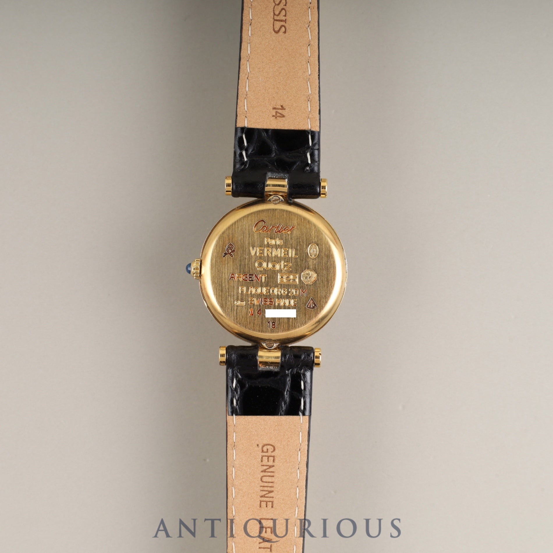 Cartier Must Vendôme VLC SM 18 Quartz Cal.81 SV925 Leather Strap with Genuine GP Buckle, Black Roman Dial, Box, Overhauled