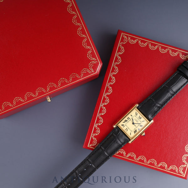 Cartier Must Tank GM (XL) W1017454 / 2413 Quartz Caliber 687 SV925 Leather Strap with Genuine GP Buckle Ivory Roman Dial Box Booklet Temporary Warranty (2002) Overhauled