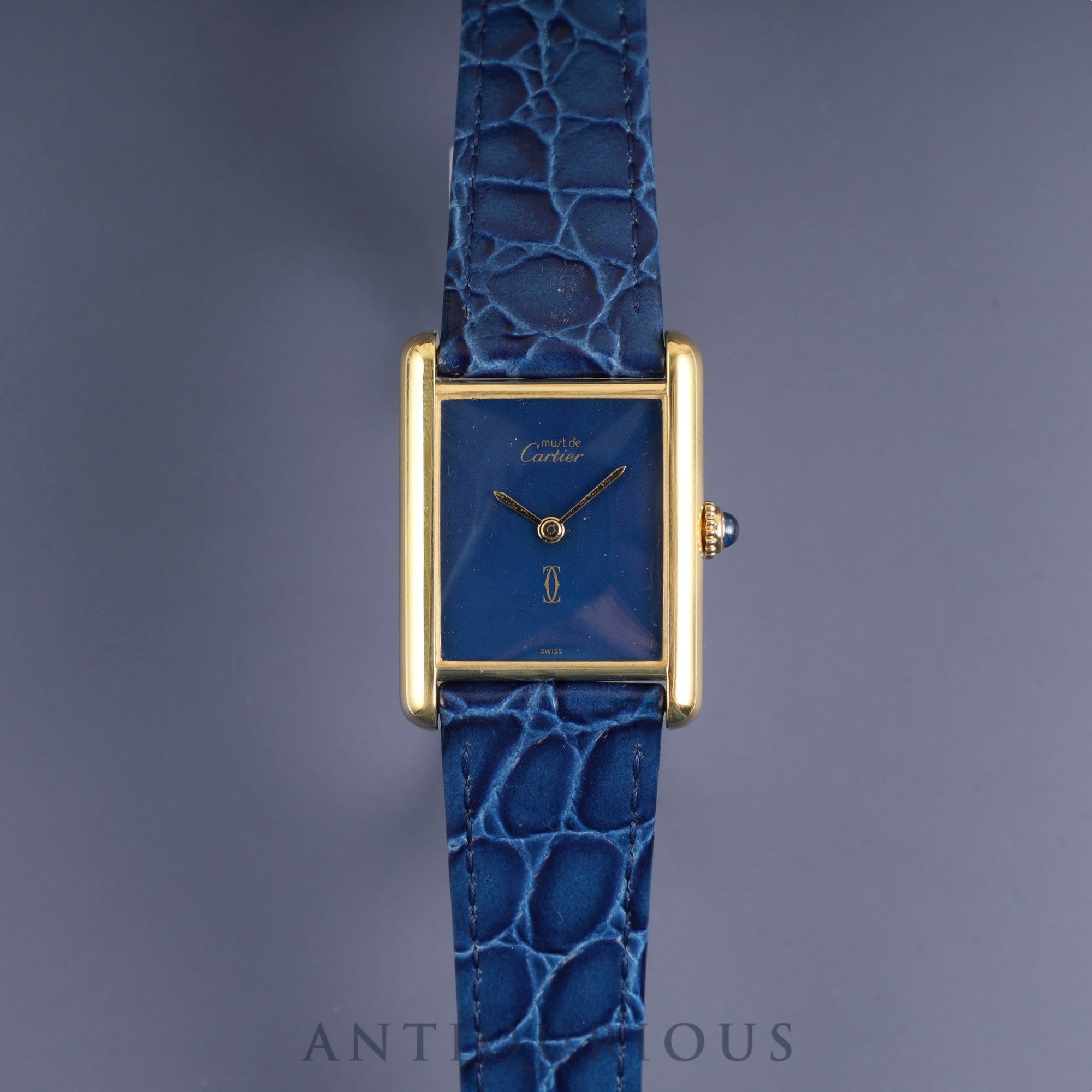 Cartier Must Tank LM Manual Winding Caliber 78-1 SV925 Leather Strap with Genuine GP Buckle, Lapis Lazuli Dial, Circa 1976-1981, Overhauled and Finished to Like New