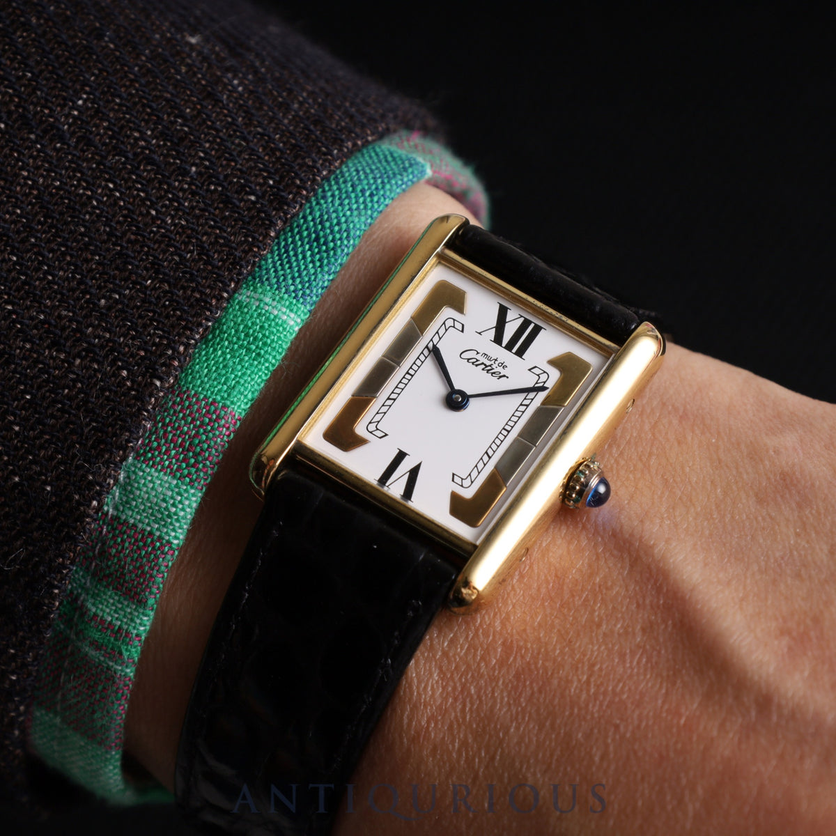 Cartier Must Tank LM 590005 Quartz Caliber 90 SV925 Leather Strap with Genuine GP Buckle, Side Trinity Dial, Overhauled