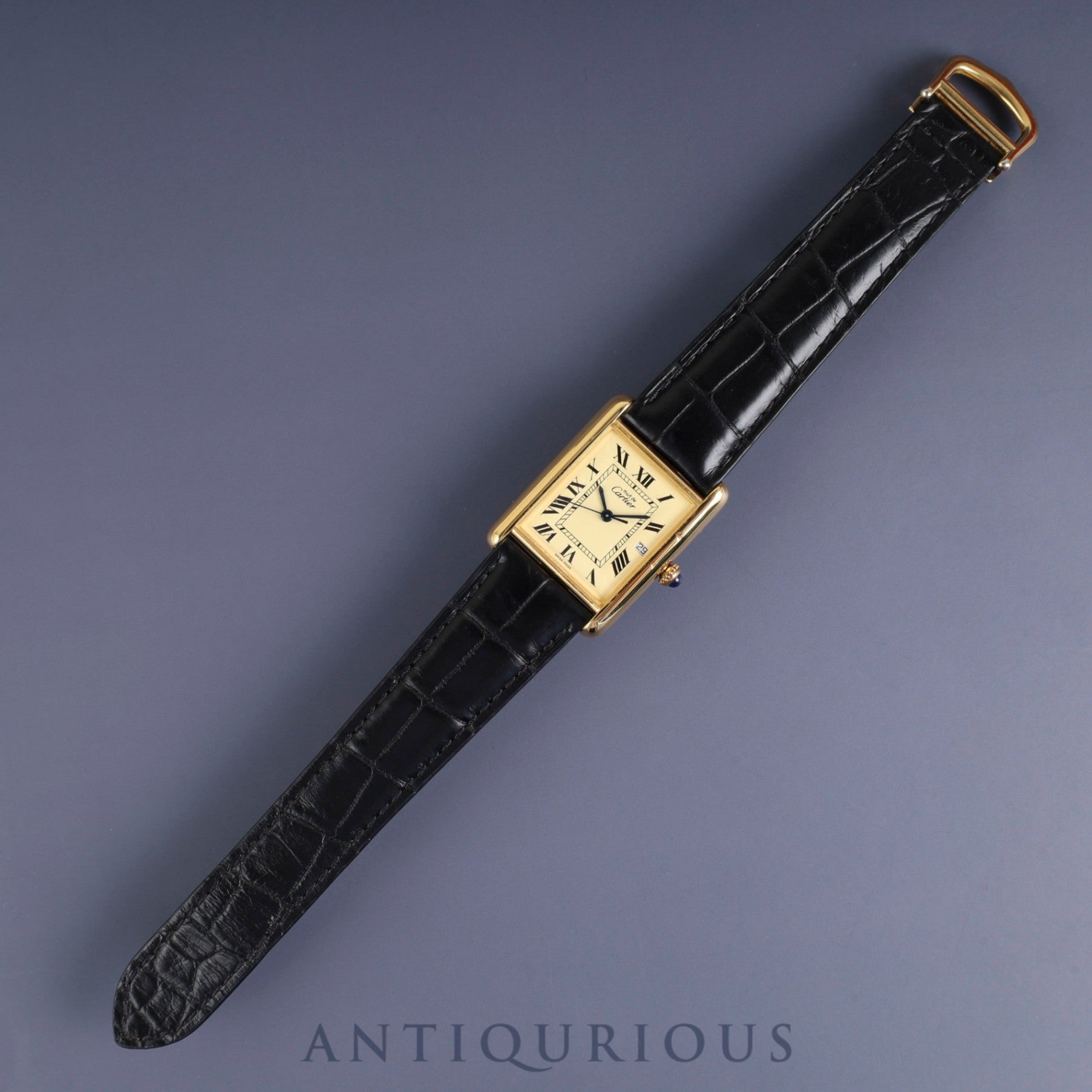 Cartier Must Tank GM (XL) 2413 Quartz Caliber 687 SV925 with Genuine Leather Strap and Genuine D-Buckle (GP), Ivory Roman Dial, Overhauled