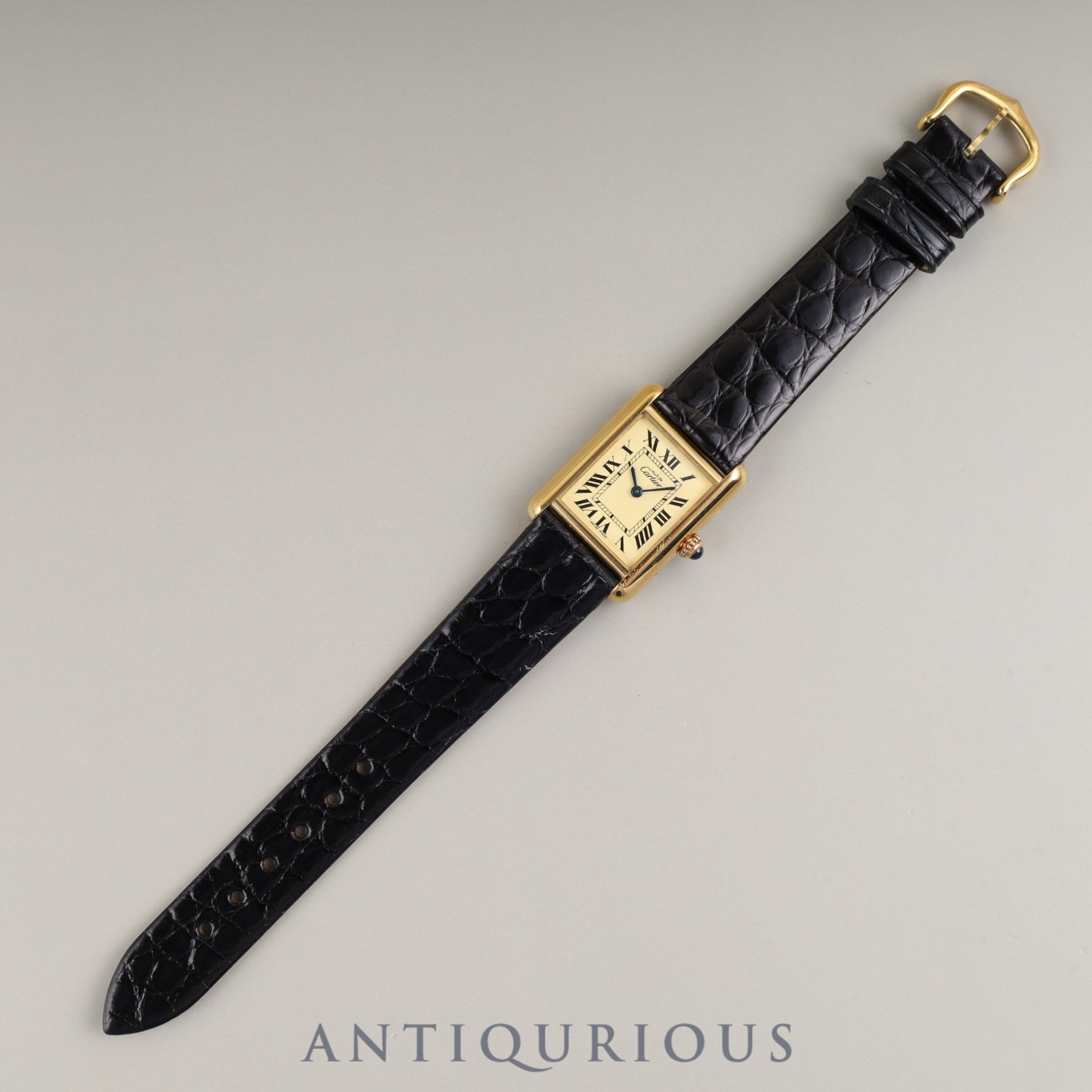 Cartier Must Tank MM 2415 Quartz Caliber 057 SV925 Leather Strap with Genuine GP Buckle, Ivory Roman Dial, Overhauled