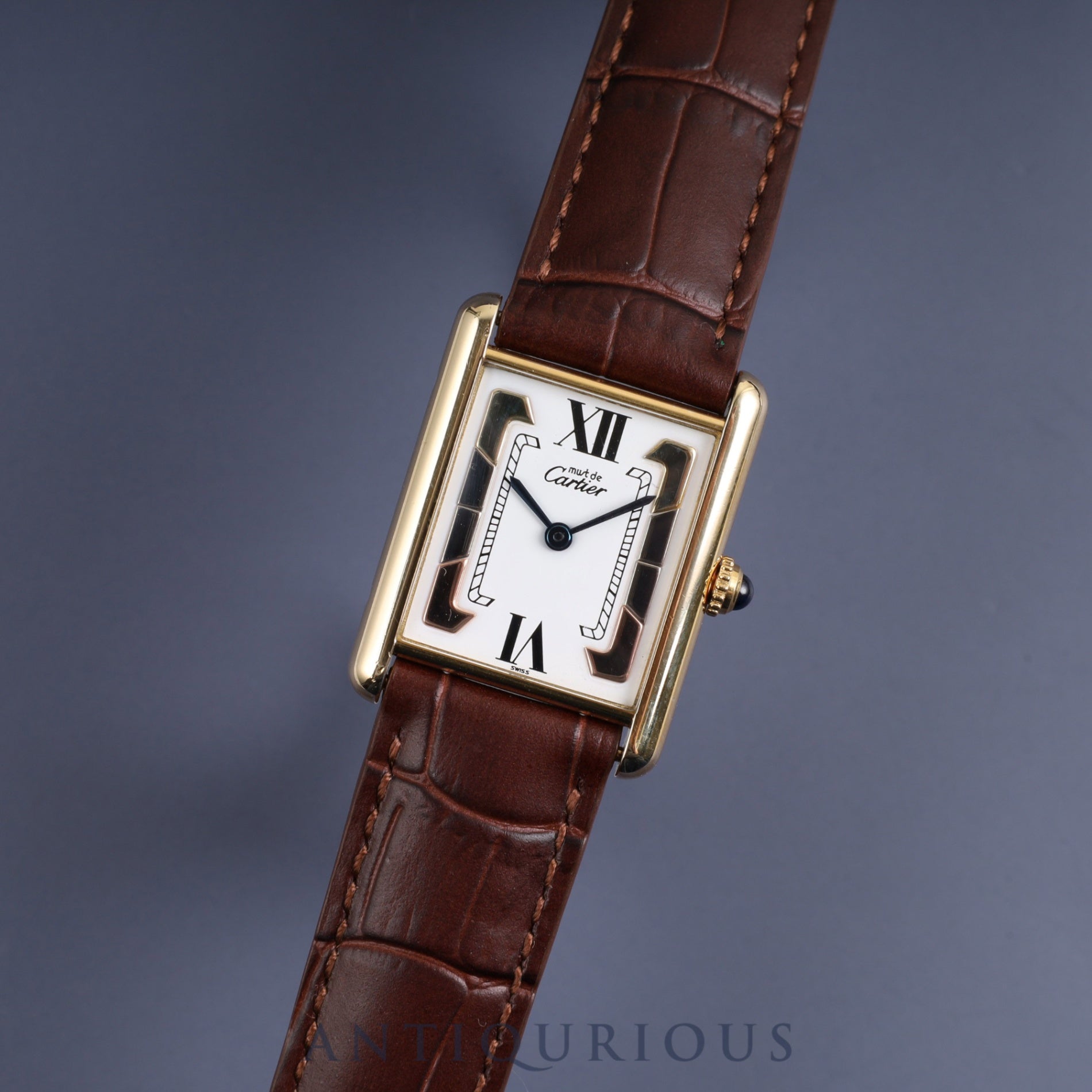CARTIER MUST TANK LM 1615 Quartz Cal.90 SV925 Leather Genuine D-buckle (GP) Trinity dial Overhauled
