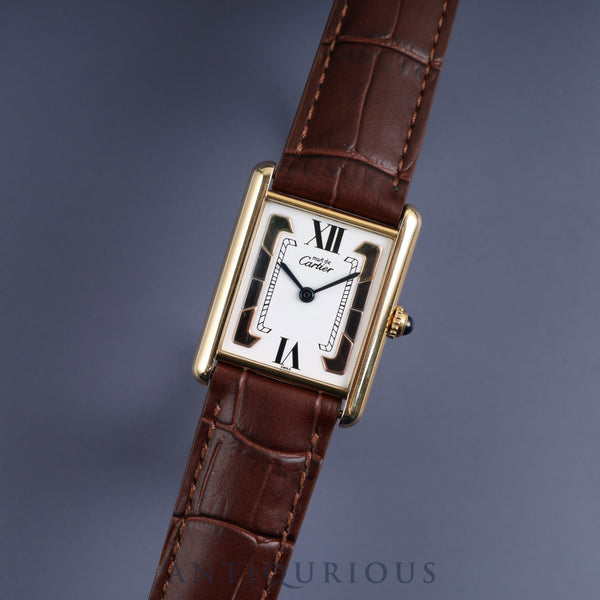 CARTIER MUST TANK LM 1615 Quartz Cal.90 SV925 Leather Genuine D-buckle (GP) Trinity dial Overhauled