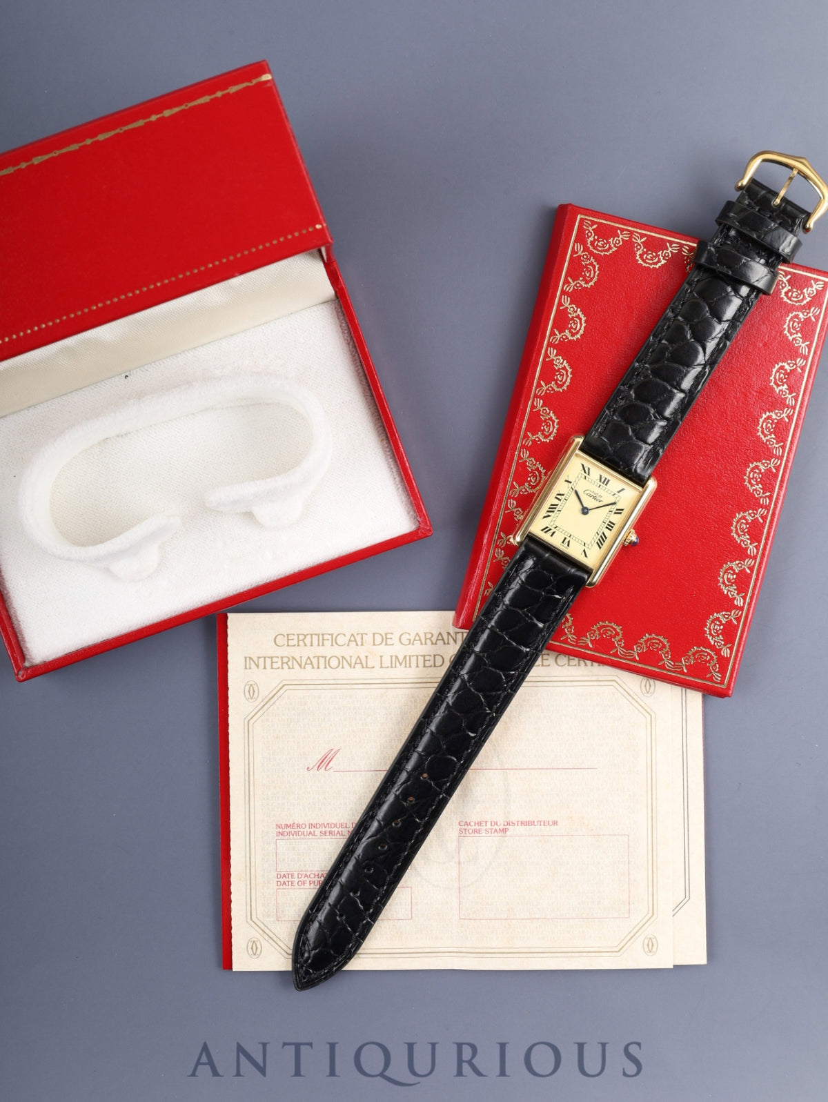 Cartier Must Tank LM 590005 Quartz Cal.90 SV925 Leather Original Pin Buckle (GP) Ivory Roman Dial (SWISS marking) Box, Booklets, Warranty Card (blank), Overhauled