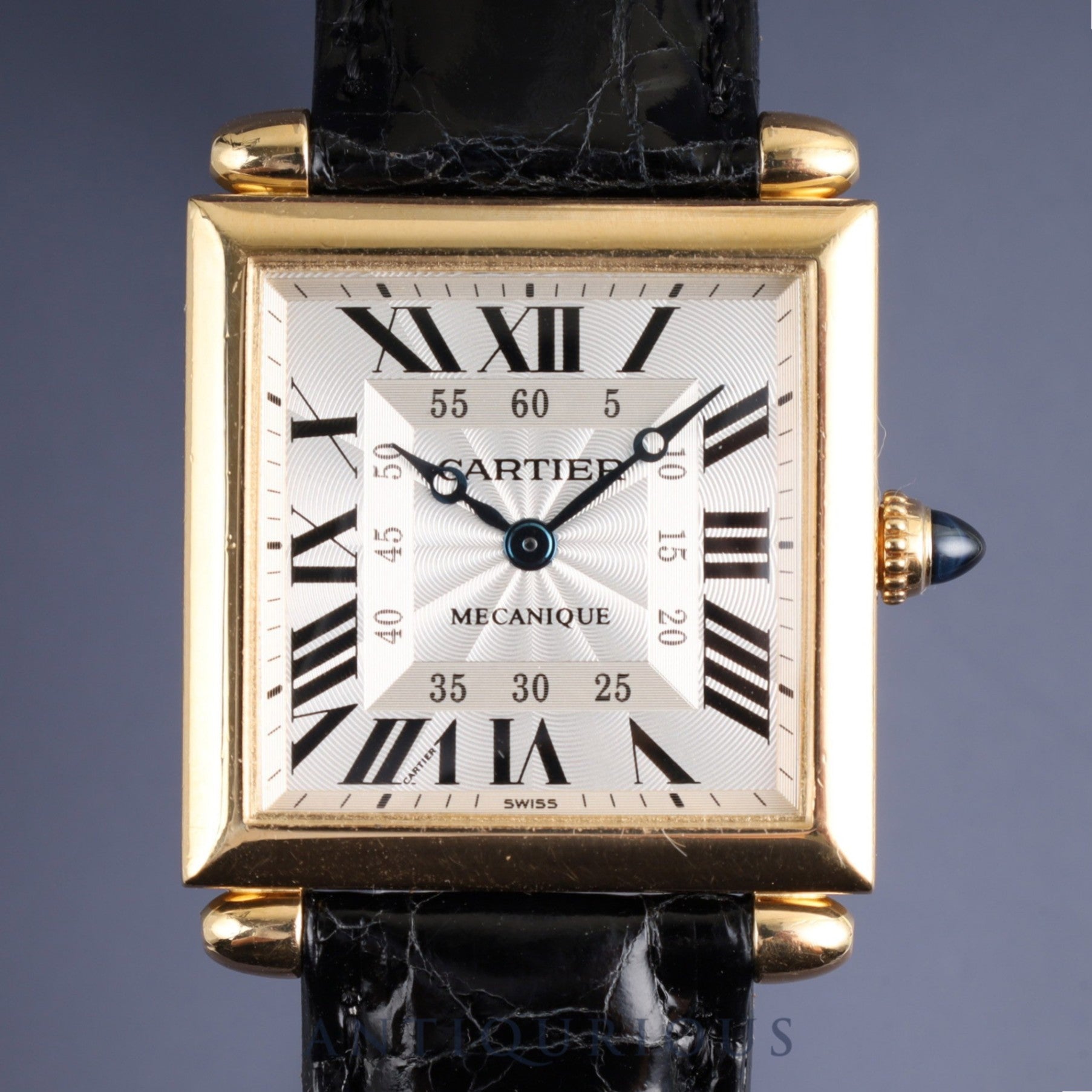 カルティエ タンクオビュ LM 2380 / W1516956 手巻き Cal.430MC 750YG 革 純正尾錠(GP)シルバーギョーシェ文字盤 カルティエアフターサービス済み オーバーホール済み