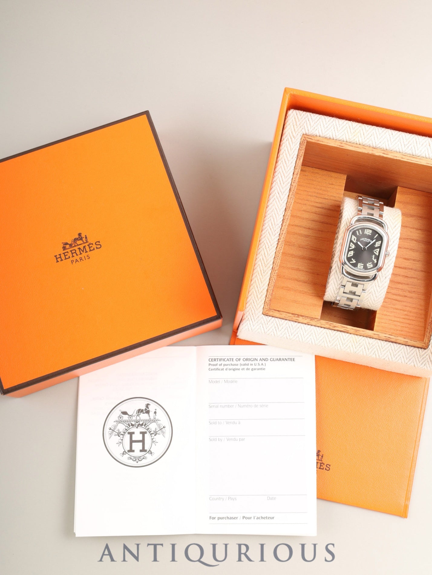 Hermes Rallye RA1.210 Quartz Cal.976.001 Stainless Steel Gray Dial Box Booklet Warranty Card Overhauled