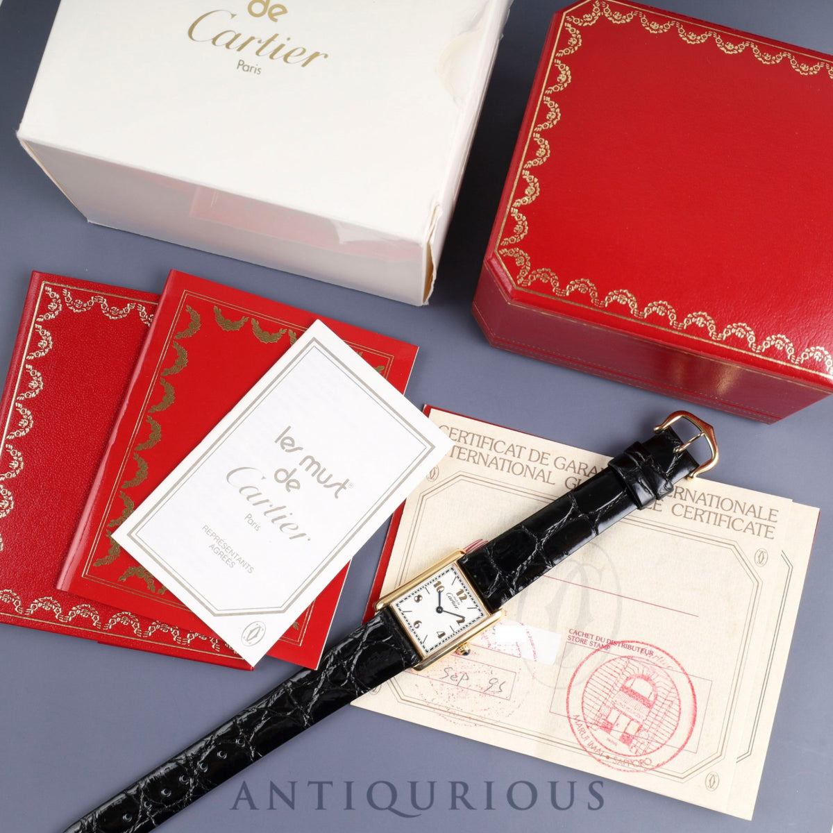 Cartier Must Tank LM 590005 Quartz Cal.690 SV925 Leather Genuine Buckle (GP) Flying Arabic CC Dial Box Booklet Warranty (1993) Overhauled and refinished to like new condition