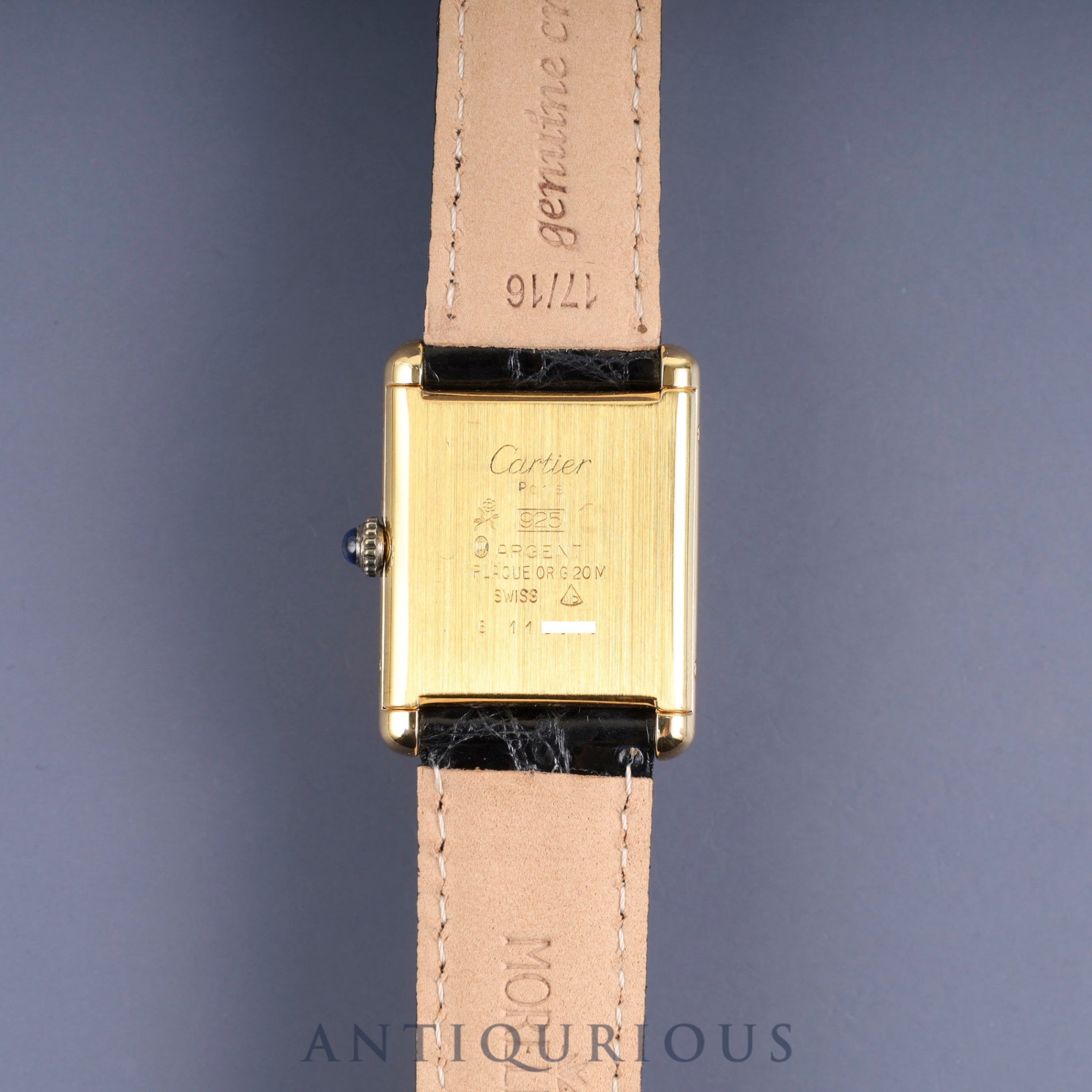 Cartier Must Tank LM Manual Winding Caliber 78-1 SV925 Leather Strap with Genuine GP Buckle, Onyx Dial, Circa 1976-1981, Overhauled and Finished to Like New