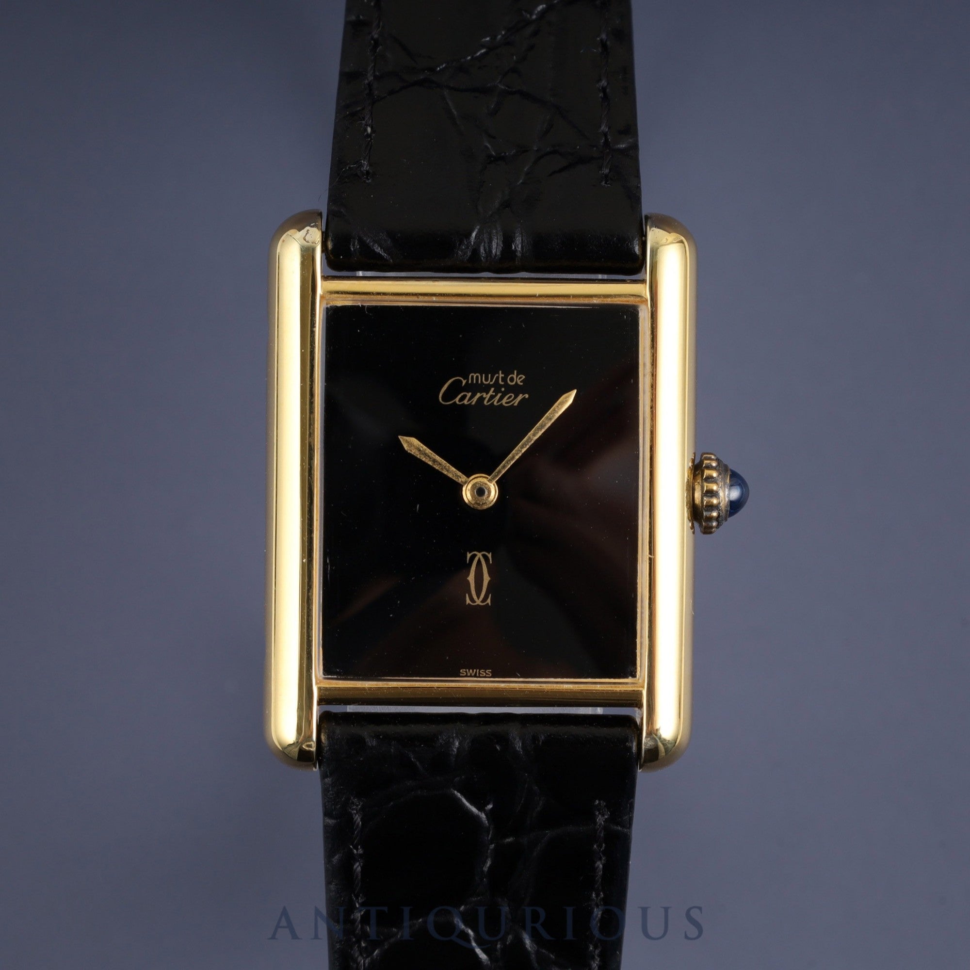 カルティエ マストタンク LM 手巻き Cal.78-1 SV925 革 純正尾錠(GP) オニキス文字盤 オーバーホール済み 新品仕上げ済み