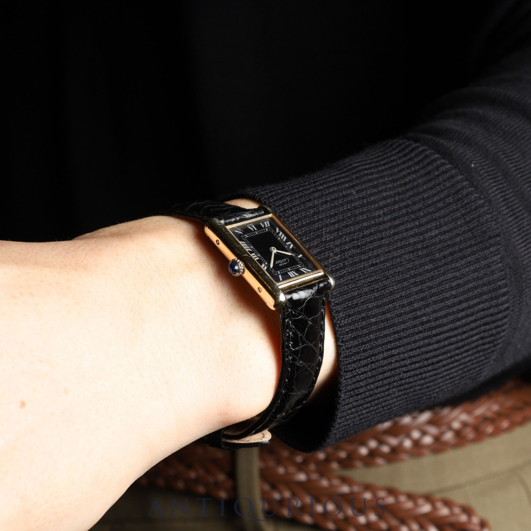 Cartier Must Tank LM Manual Winding SV925 Leather Watch with Genuine GP Buckle, Black Roman Dial, Overhauled