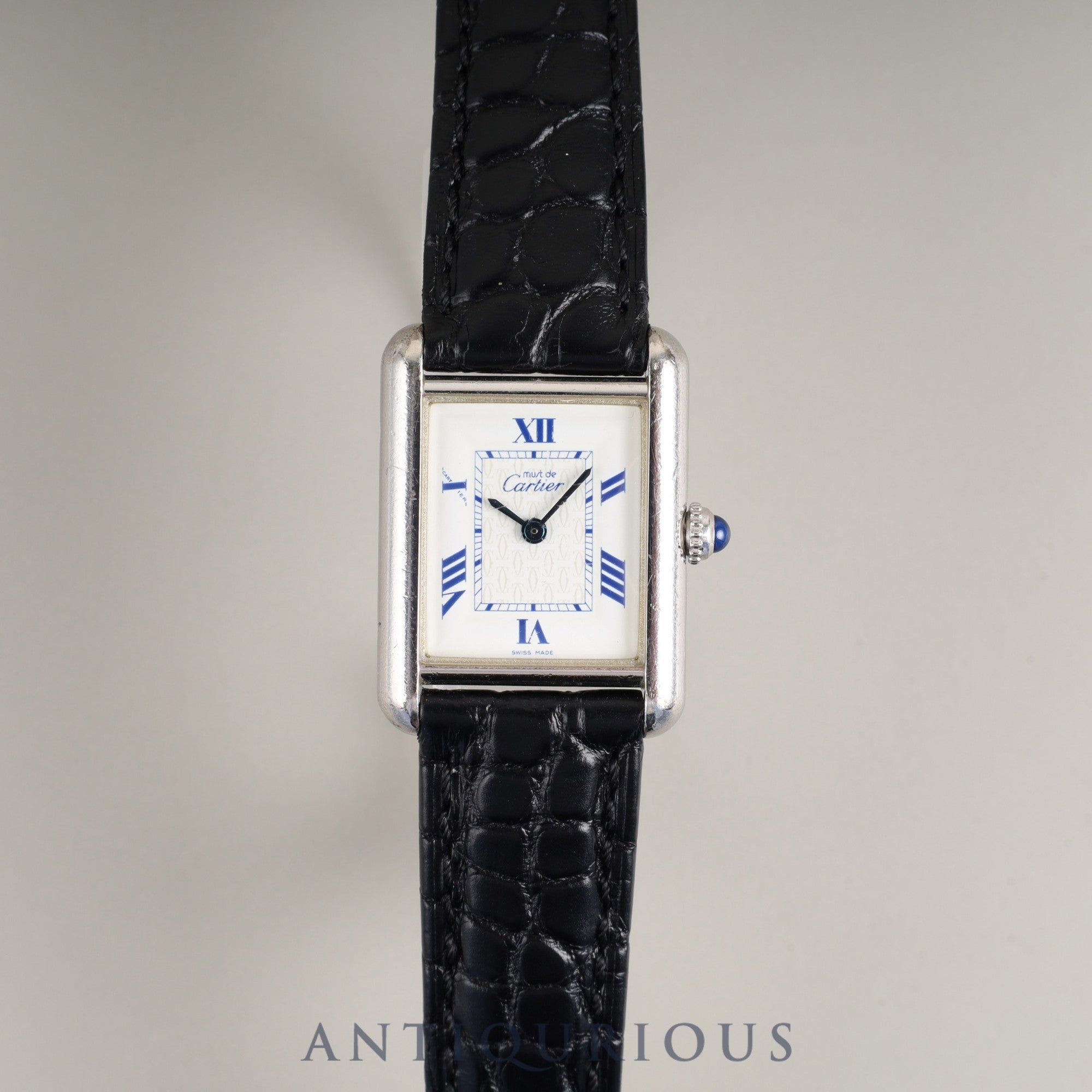 Cartier Must Tank MM 2416 Quartz Caliber 057 SV925 Leather Strap with Genuine Stainless Steel Buckle, White Roman Dial, Overhauled