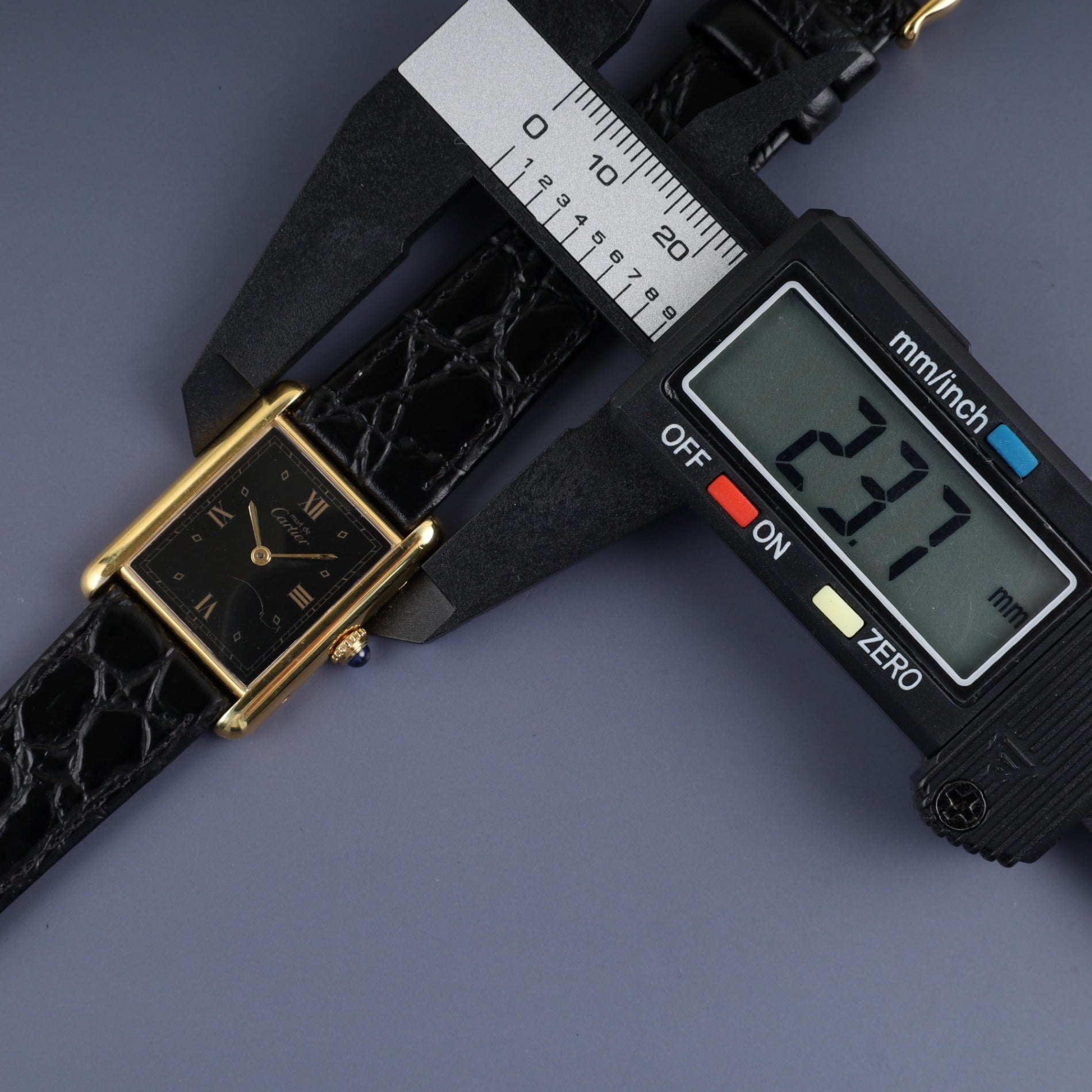 Cartier Must Tank LM 590005 Quartz Caliber 90 SV925 Leather Strap with Genuine GP Buckle, Black Roman Dial, Overhauled and Finished to Look Like New