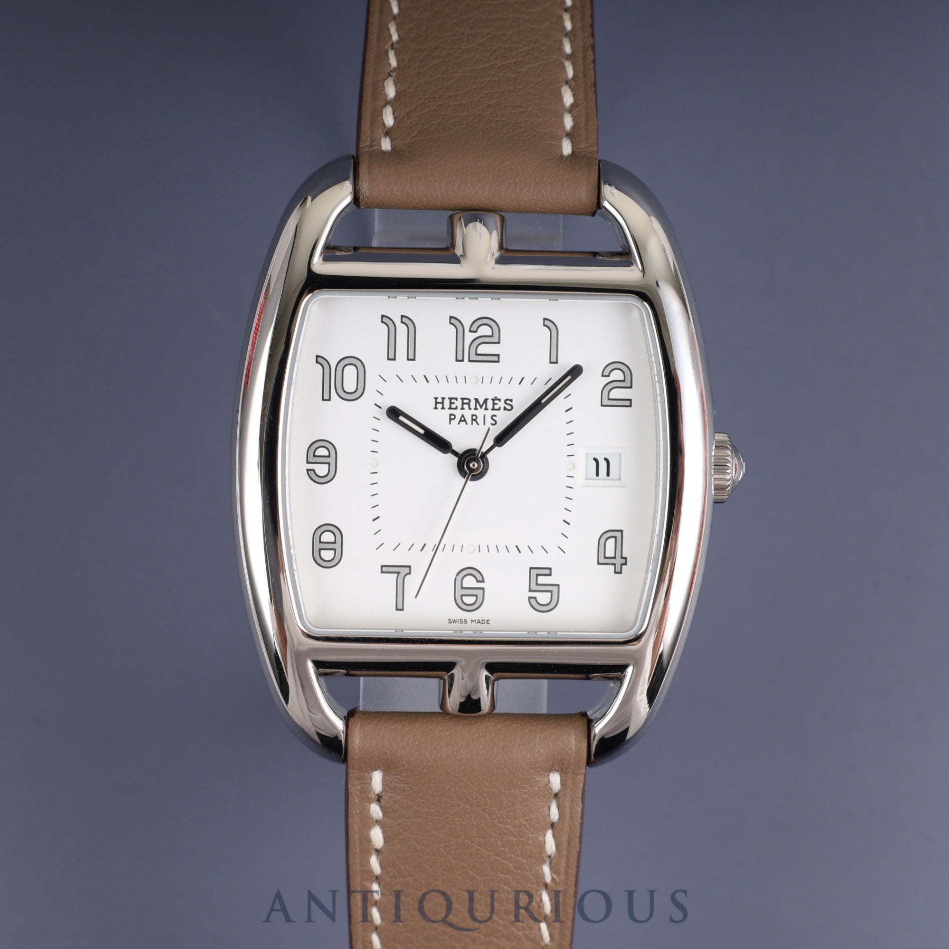 Hermès Cape Cod Tonneau CT1.710 Quartz Movement, Stainless Steel, Genuine Leather Strap (Stamped N: 2010), Genuine Buckle (SS), White Dial, Box, Warranty Card (2010), Overhauled