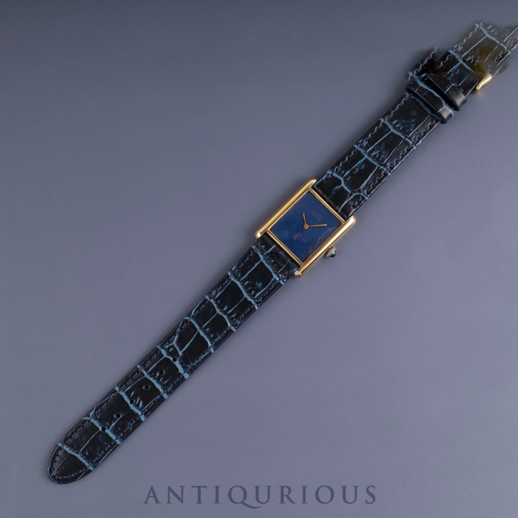 Cartier Must Tank LM Manual Winding Caliber 78-1 SV925 Leather Strap with Genuine GP Buckle, Lapis Lazuli Dial, Circa 1976-1981, Overhauled