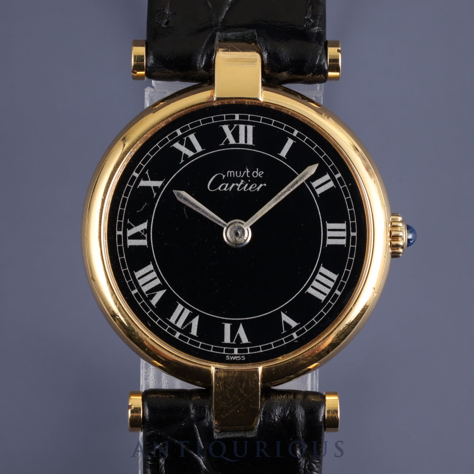 Cartier Must Vendome VLC SM 84978913 Quartz Cal.81 SV925 Leather Genuine Buckle (GP) Black Roman Dial Warranty (1983) Overhauled