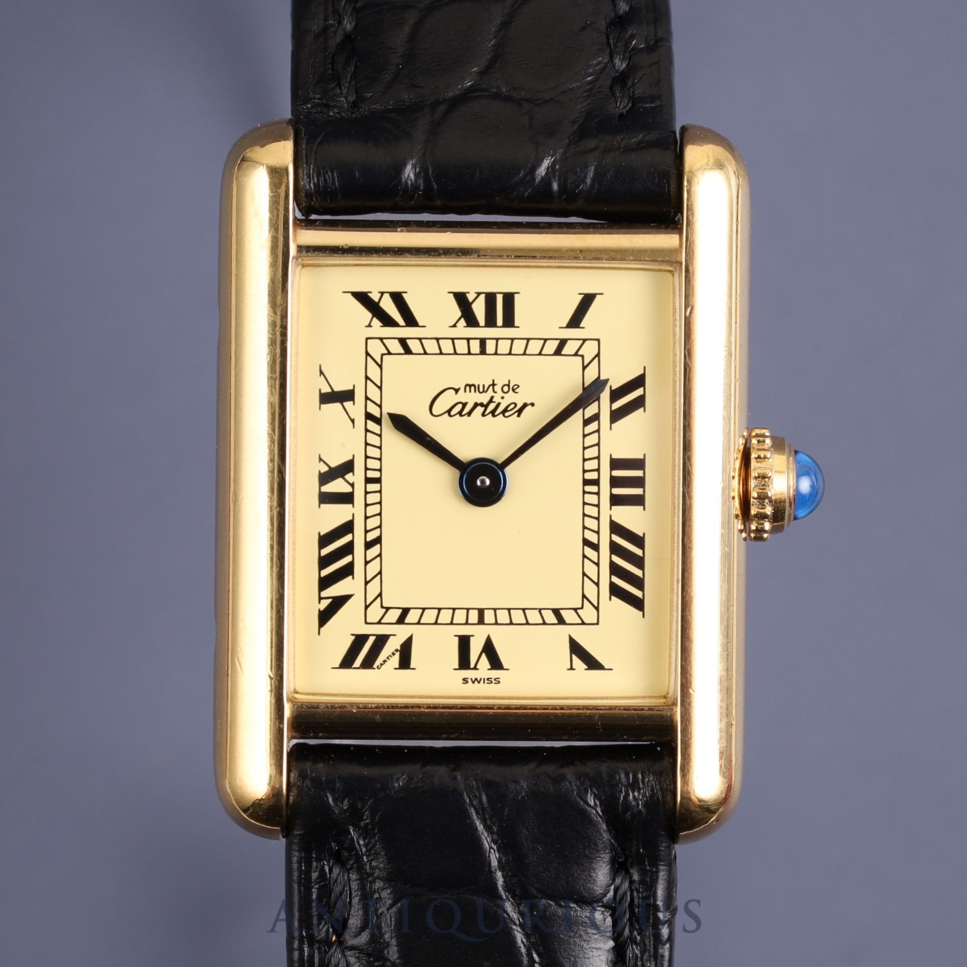 カルティエ マストタンク SM 5057001 クォーツ Cal.057 SV925 革 純正尾錠(GP)アイボリーローマン文字盤 箱 保証書(1992年) オーバーホール済み