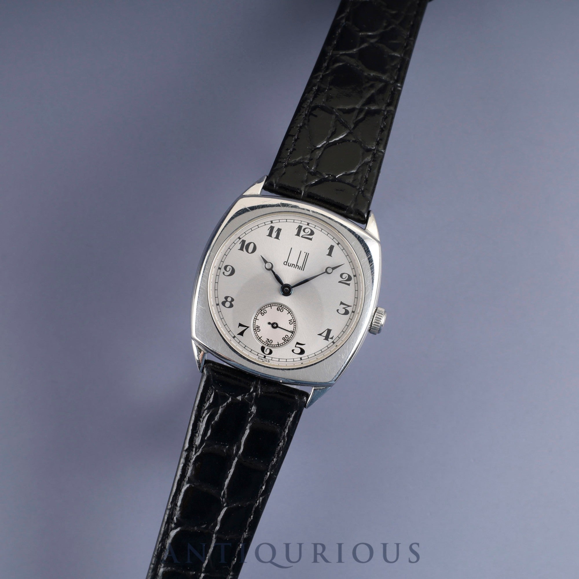 ダンヒル センテナリー クッションケース 115 手巻き Cal.7001 革 純正尾錠(SS)シルバーアラビア文字盤 箱 保証書(1996年)オーバーホール済み