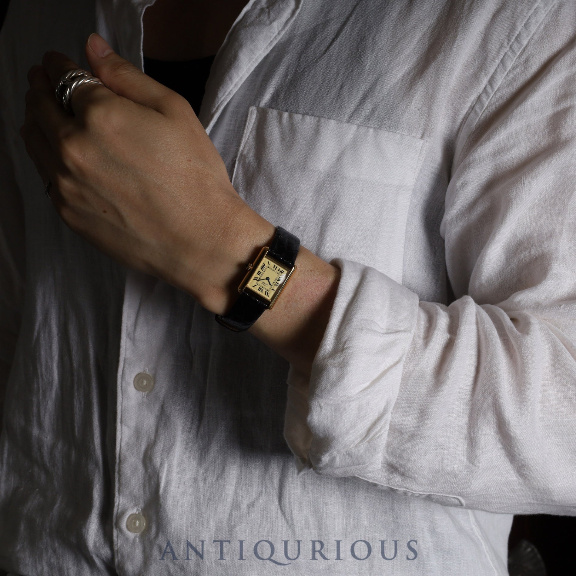 Cartier Must Tank MM 2415 Quartz Caliber 057 SV925 Leather Strap with Genuine GP Buckle, Ivory Roman Dial, Overhauled