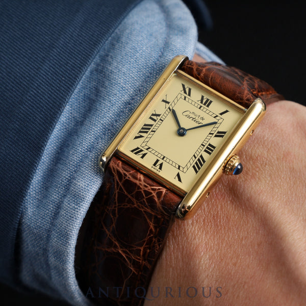 Cartier Must Tank LM 590005 Quartz Cal.90 SV925 Leather Genuine Buckle (GP) Ivory Roman Dial Overhauled