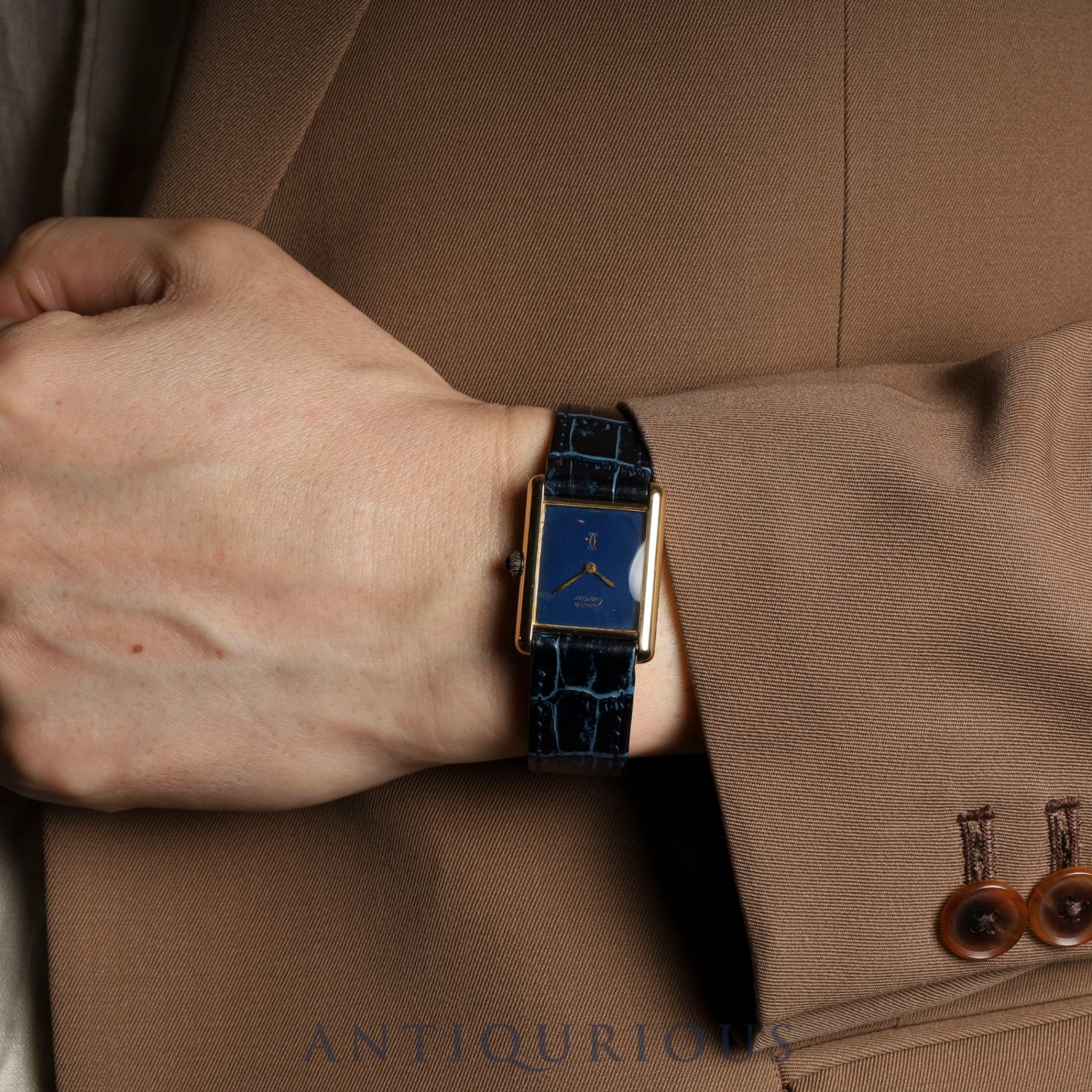 Cartier Must Tank LM Manual Winding Caliber 78-1 SV925 Leather Strap with Genuine GP Buckle, Lapis Lazuli Dial, Circa 1976-1981, Overhauled