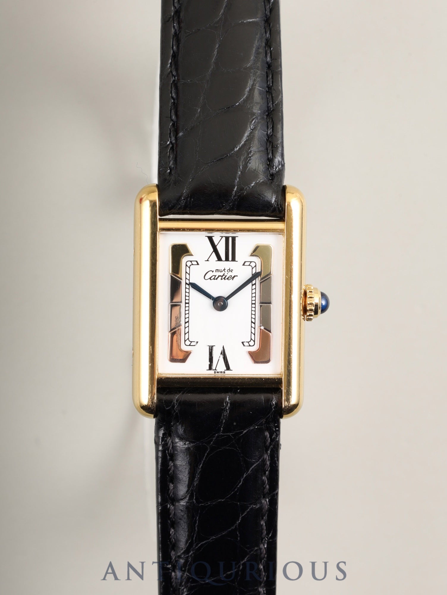 Cartier Must Tank SM 1613 Quartz Caliber 057 SV925 Leather Watch with Genuine D-Buckle (GP) and Side Trinity Dial (SWISS Markings), Circa 1982-1995, Box, Genuine Leather Strap, Overhauled