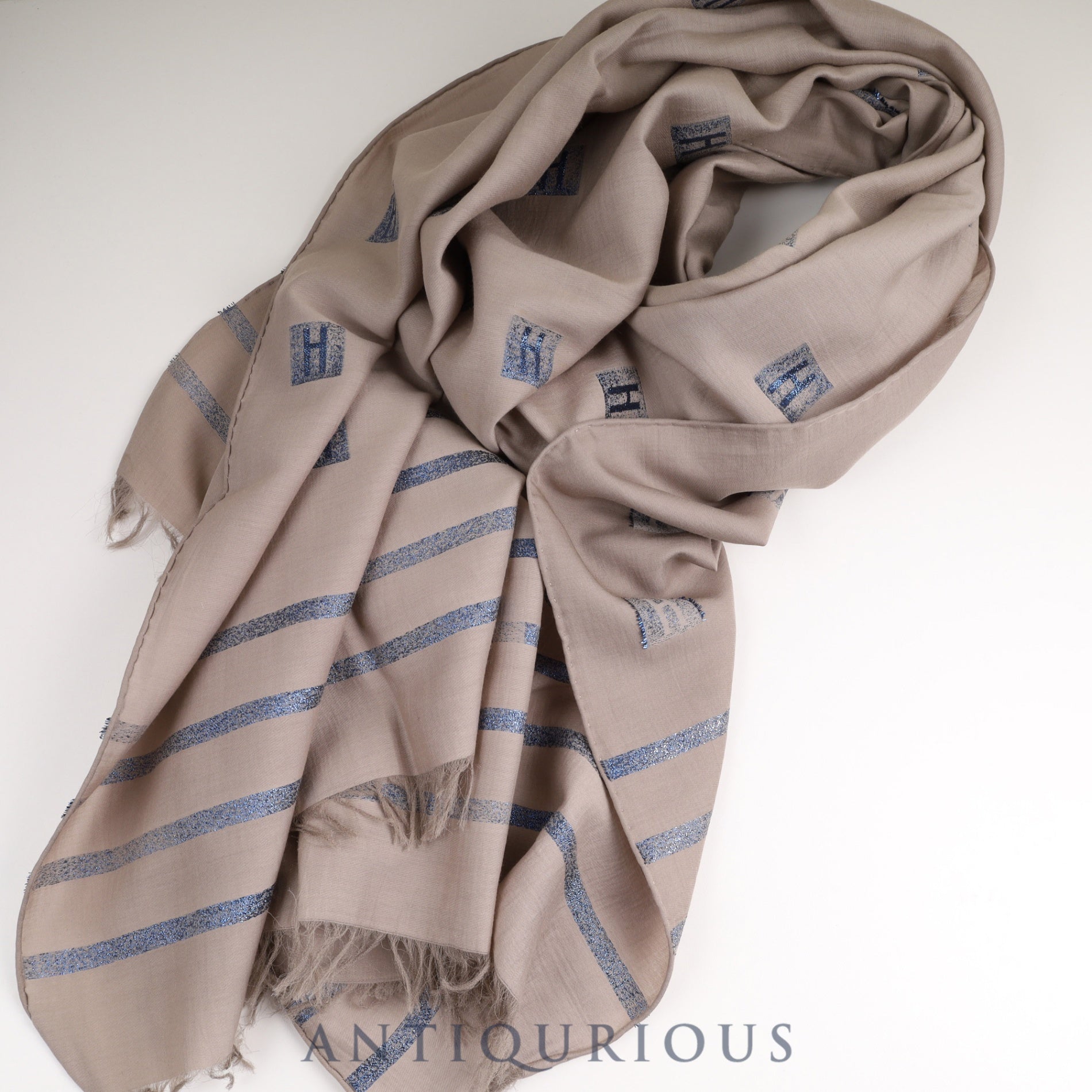 Hermes scarf with H logo, beige, blue glitter, box
