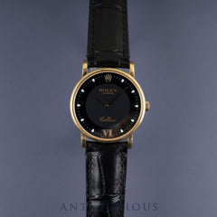 ロレックス チェリーニ 5115/8 手巻き Cal.1600 750 革 純正尾錠(750) ブラック文字盤 保証書(個人名記載、201?年) 国際サービス保証書(2015年) 修理明細(2015年)冊子 オーバーホール済み