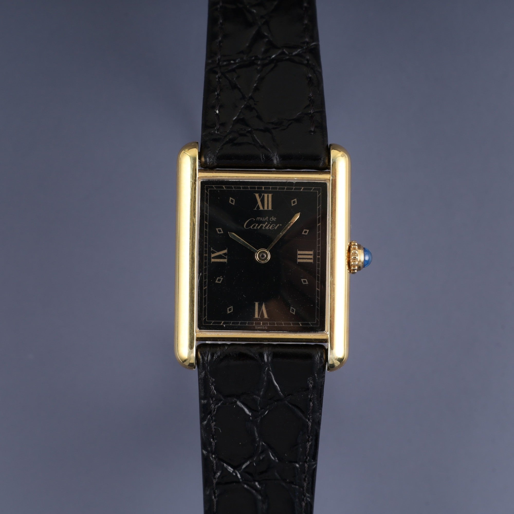 Cartier Must Tank LM 590005 Quartz Caliber 90 SV925 Leather Strap with Genuine GP Buckle, Black Roman Dial, Overhauled and Finished to Look Like New