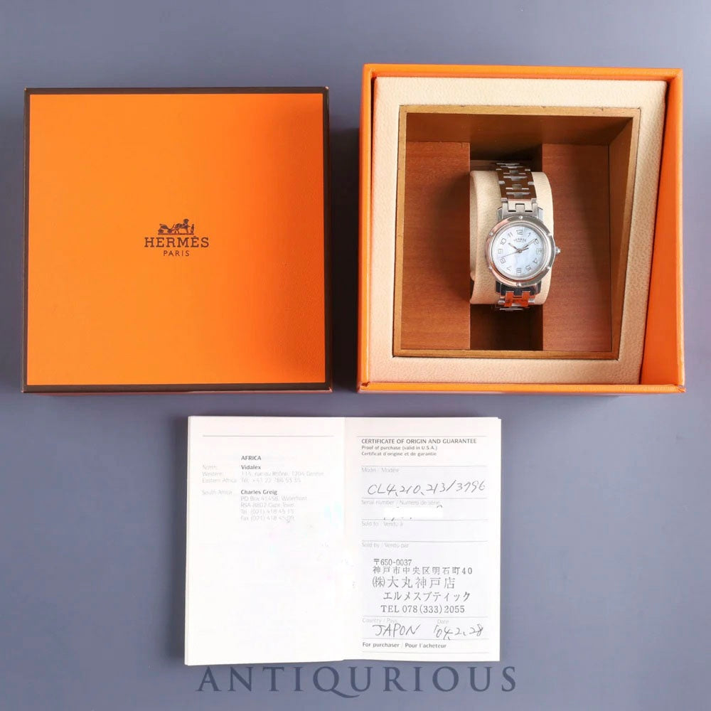 エルメス クリッパー CL4.210 クォーツ SS SS ブルーシェル文字盤 箱  