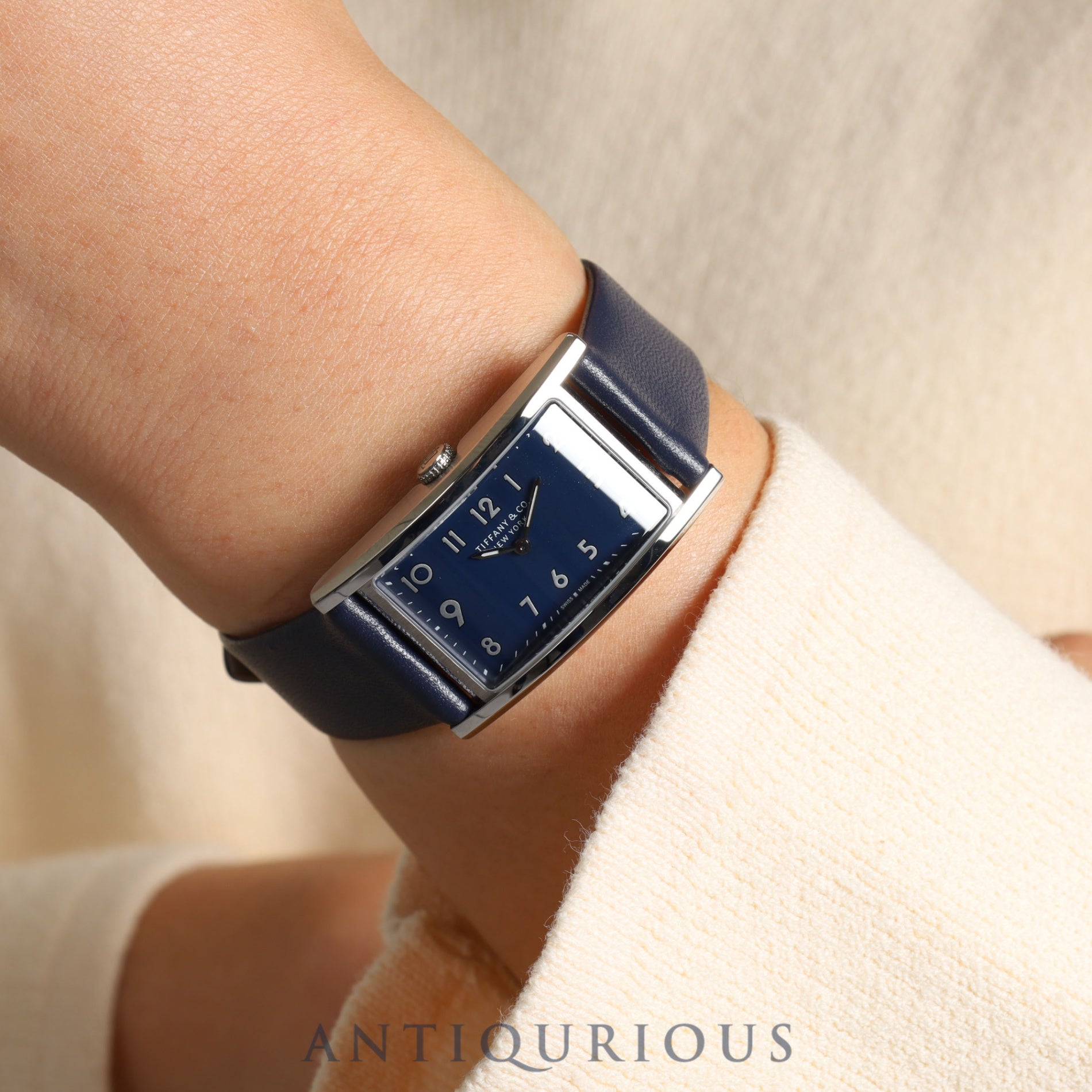 Tiffany East West Mini 3668644 Quartz Genuine Leather Strap Navy Dial Replacement Long Strap Included