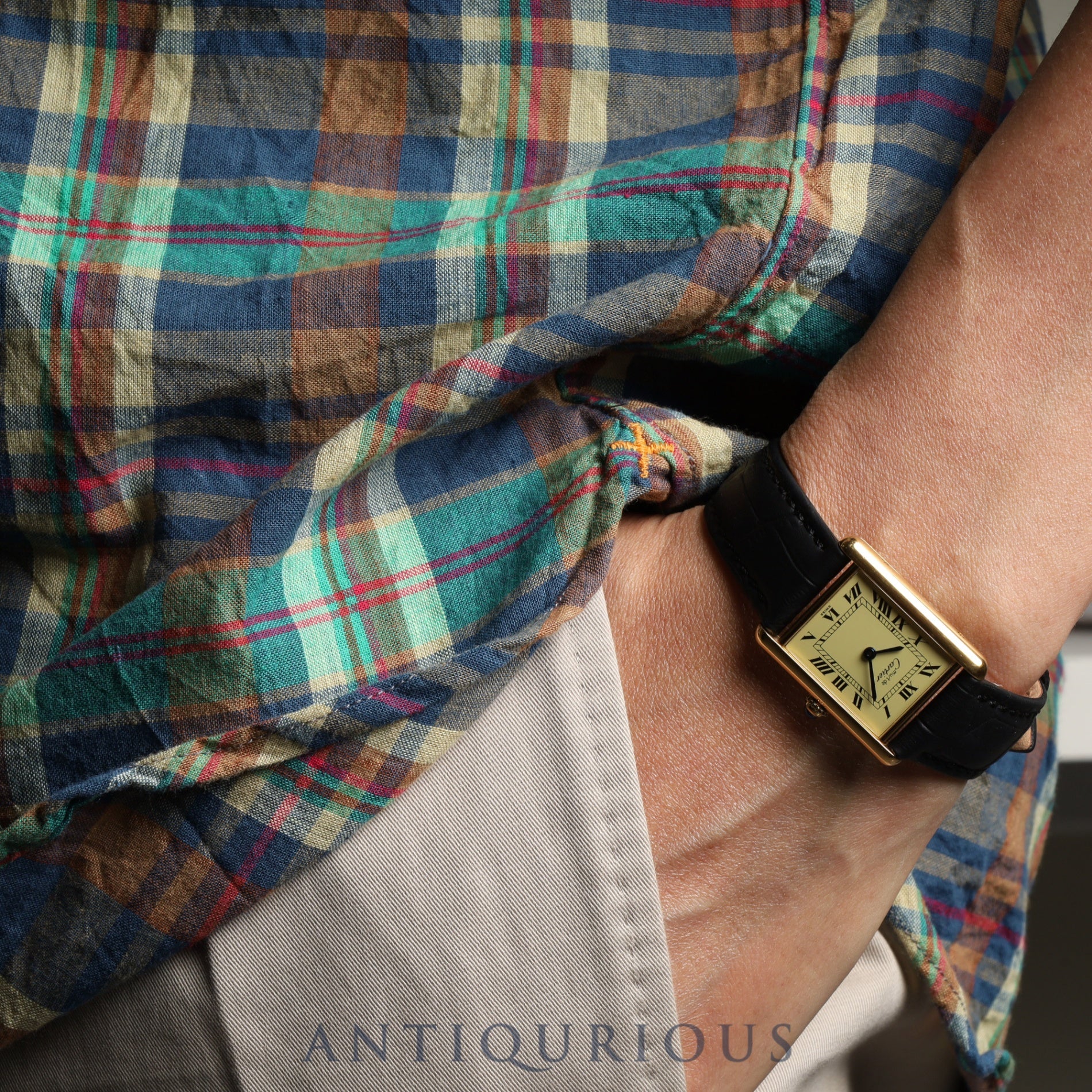 Cartier Must Tank LM 590005 Quartz SV925 Leather Genuine Buckle (GP) Ivory Roman Dial Overhauled