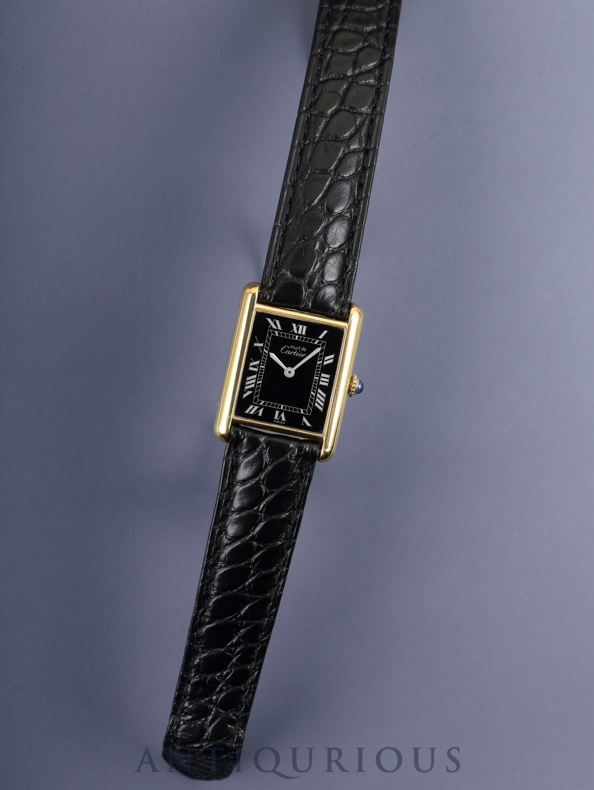 Cartier Must Tank LM, manual winding, Cal. 78-1, SV925, genuine leather strap, genuine D-buckle (GP), black Roman dial (SWISS markings), circa 1976-1981, overhauled and refinished to new condition.
