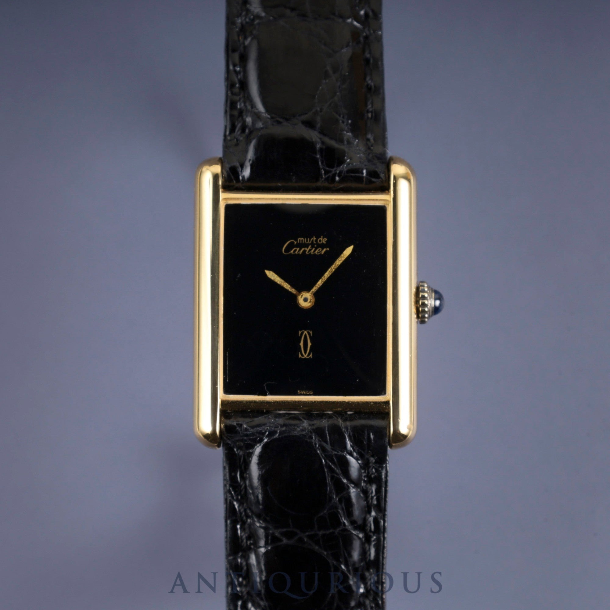Cartier Must Tank LM Manual Winding Caliber 78-1 SV925 Leather Strap with Genuine GP Buckle, Onyx Dial, Circa 1976-1981, Overhauled and Finished to Like New