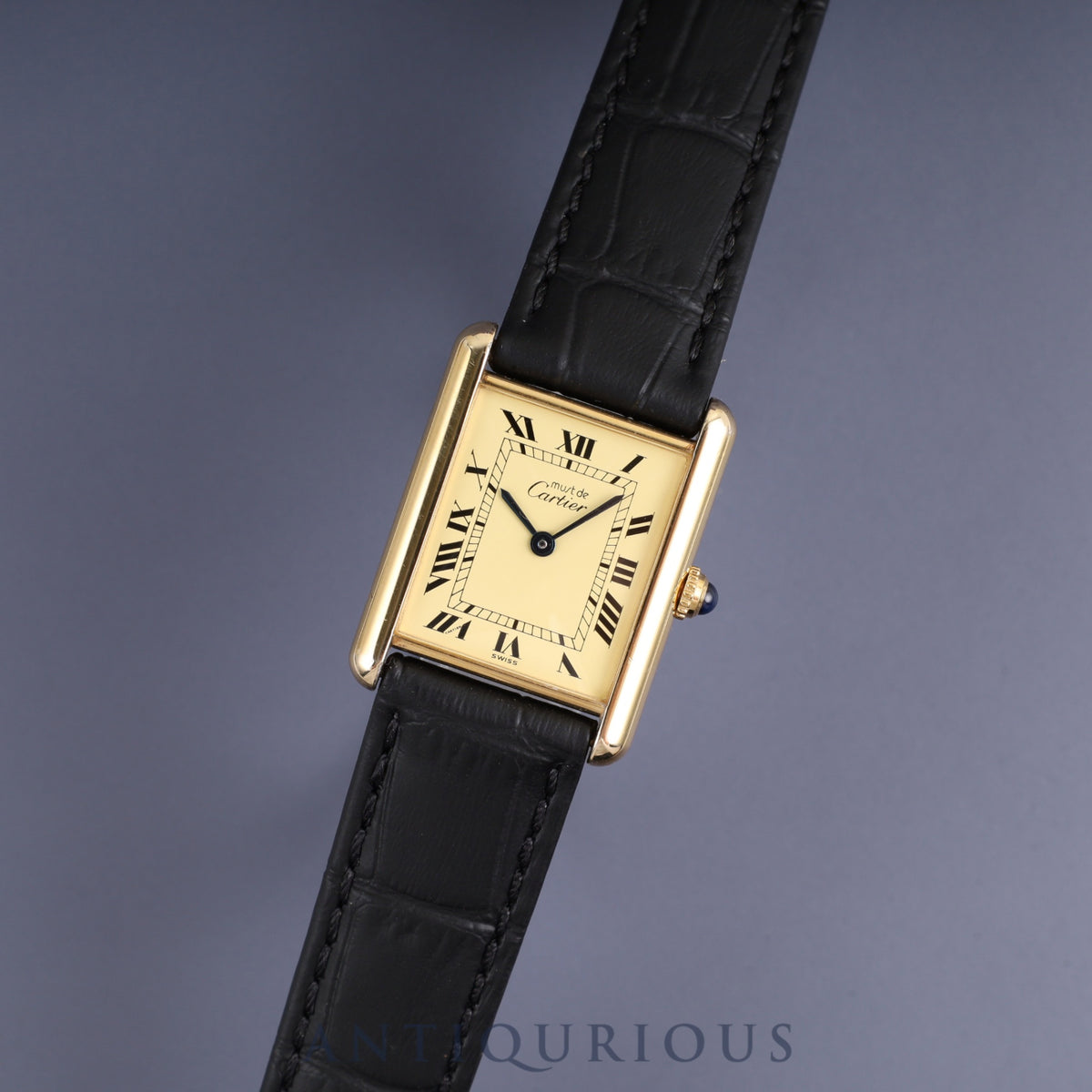 Cartier Must Tank LM W1002753 / 1615 Quartz Caliber 90 SV925 Leather Strap with Genuine GP Buckle, Ivory Roman Dial, Overhauled