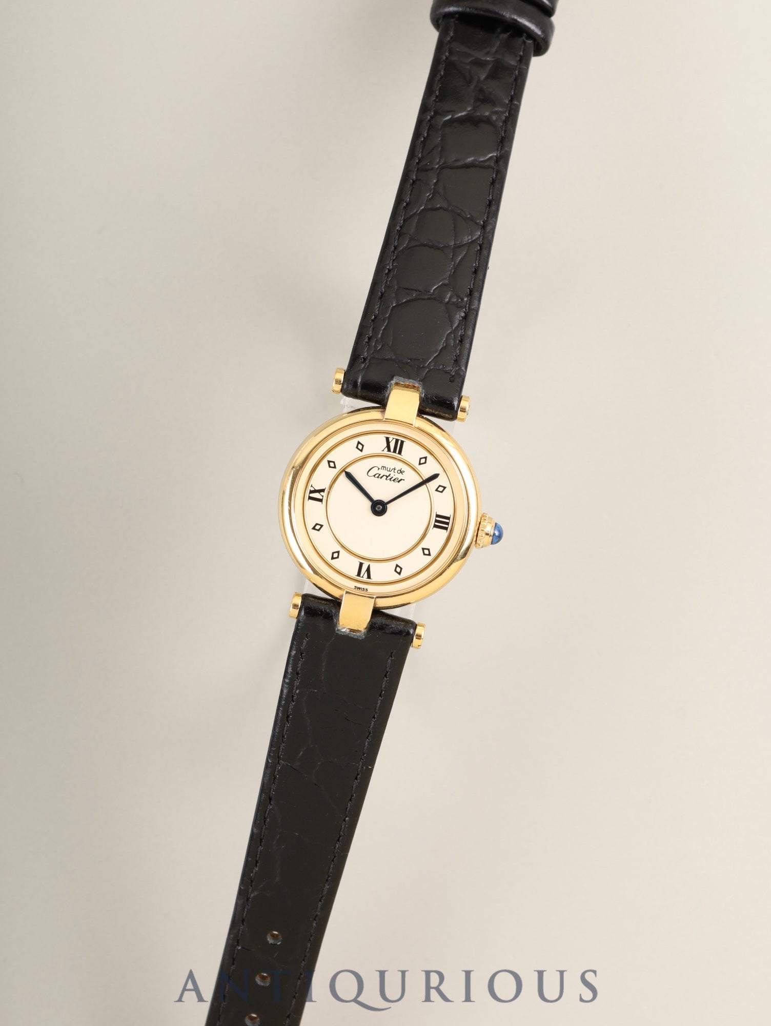 カルティエ マスト ヴァンドーム VLC SM 590004 クォーツ Cal.690 SV925 革 純正尾錠(GP)アイボリー4点ローマン文字盤 箱 冊子 保証書(1993年)オーバーホール済み