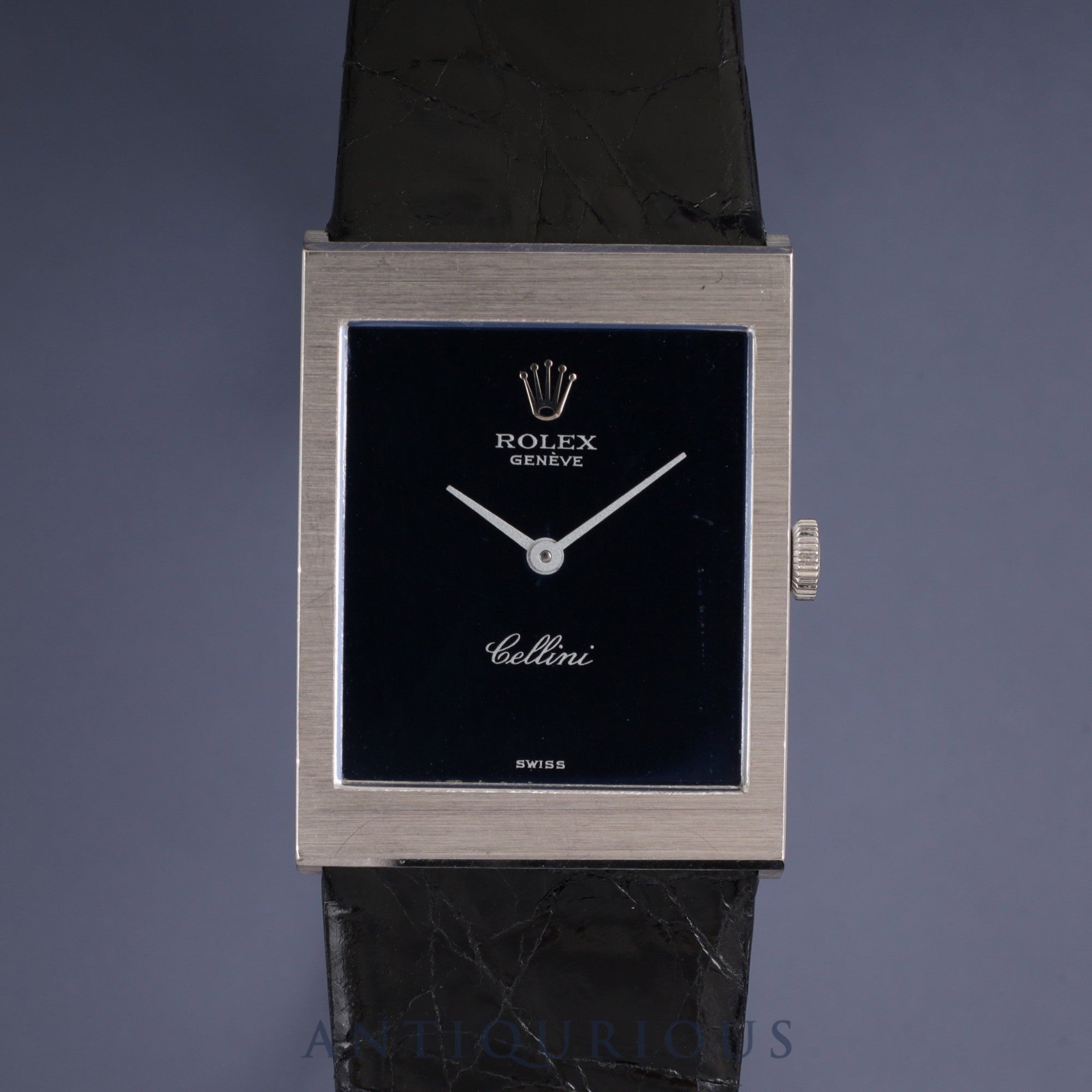 Rolex Cellini 4014 manual winding Cal. 1601 750 leather watch with genuine stainless steel buckle, blue dial, 22 x 29mm, 34th series (1971), genuine leather strap (shows signs of use), overhauled.