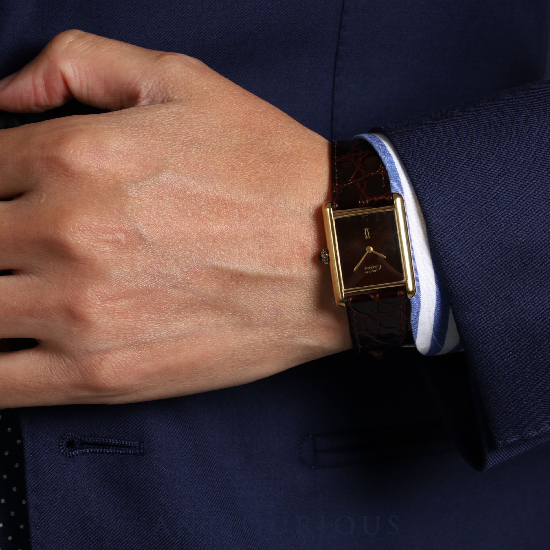 カルティエ マストタンク LM 手巻き Cal.78-1 SV925 革 純正尾錠(GP)マホガニー文字盤 オーバーホール済み