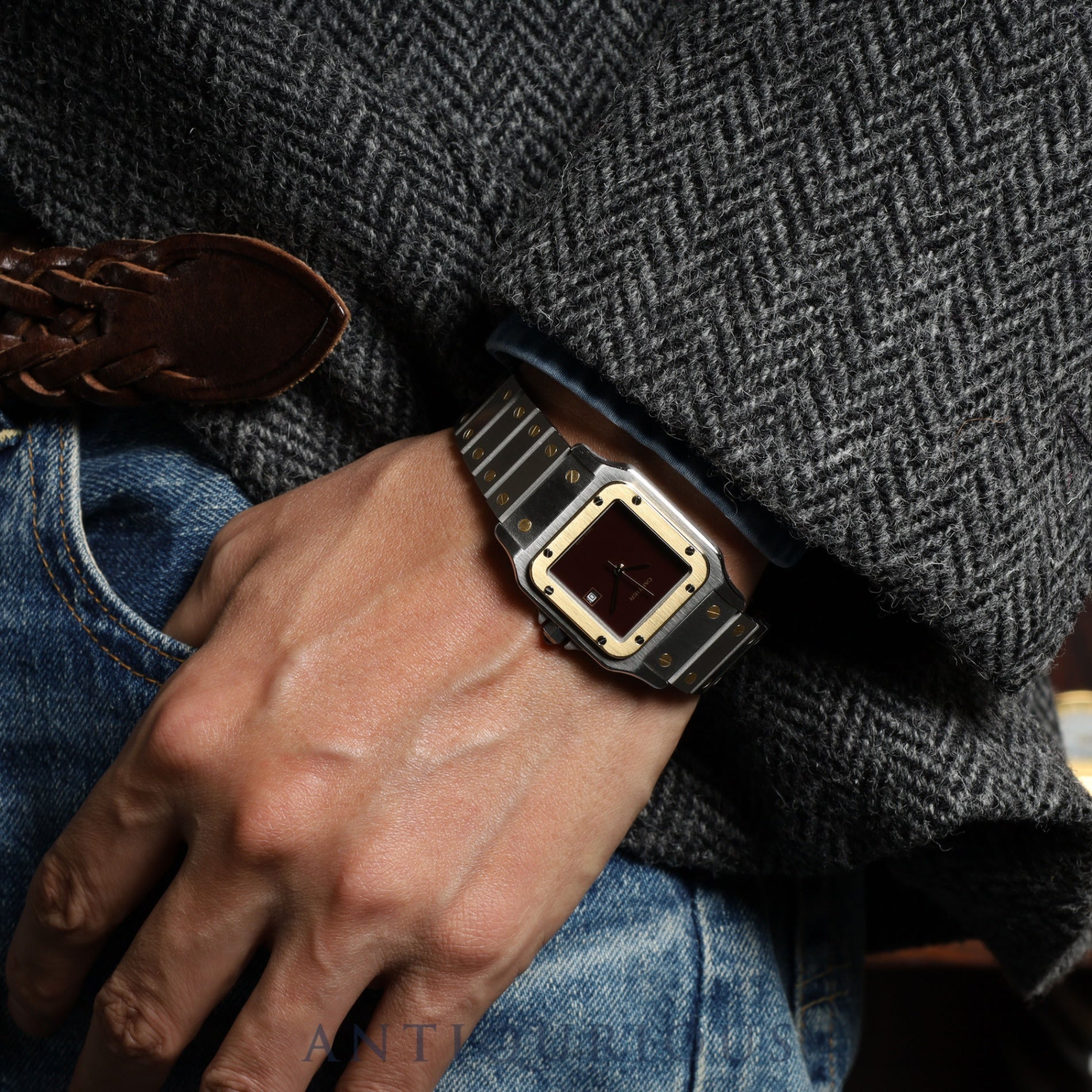 Cartier Santos Galbee LM 2961 Automatic, Stainless Steel/Yellow Gold, Garnet Dial, Bordeaux Dial, Completely Serviced (Full Maintenance) at a Cartier Boutique