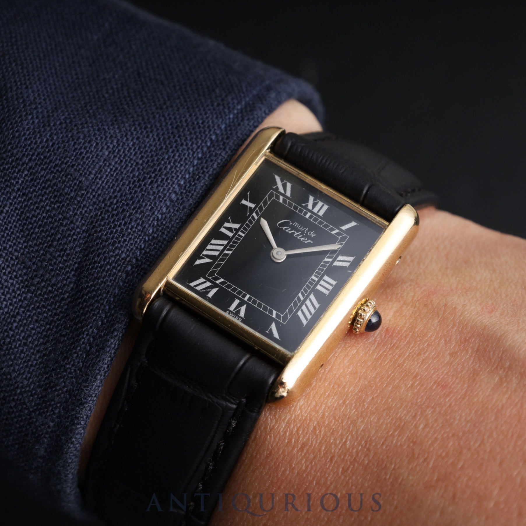 Cartier Must Tank LM Manual winding Cal.78-1 SV925 Leather Genuine buckle (GP) Black Roman dial Overhauled