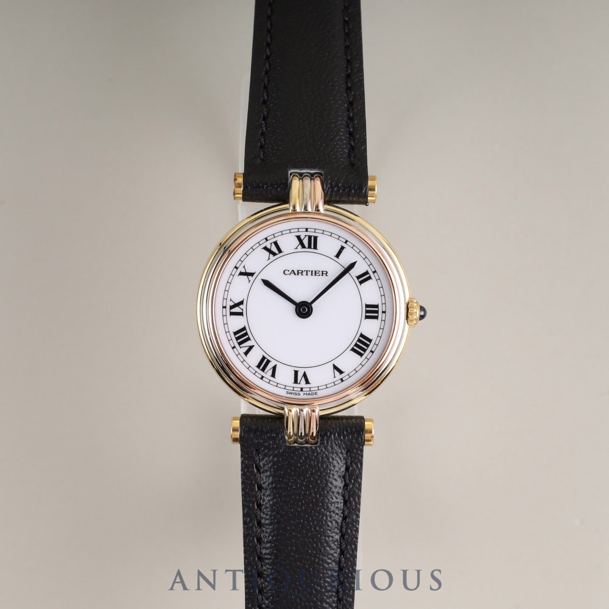 Cartier Vendôme VLC SM Trinity 81004 Quartz 750 Leather Watch with Genuine GP Buckle, White Roman Dial, Completely Serviced at a Cartier Boutique