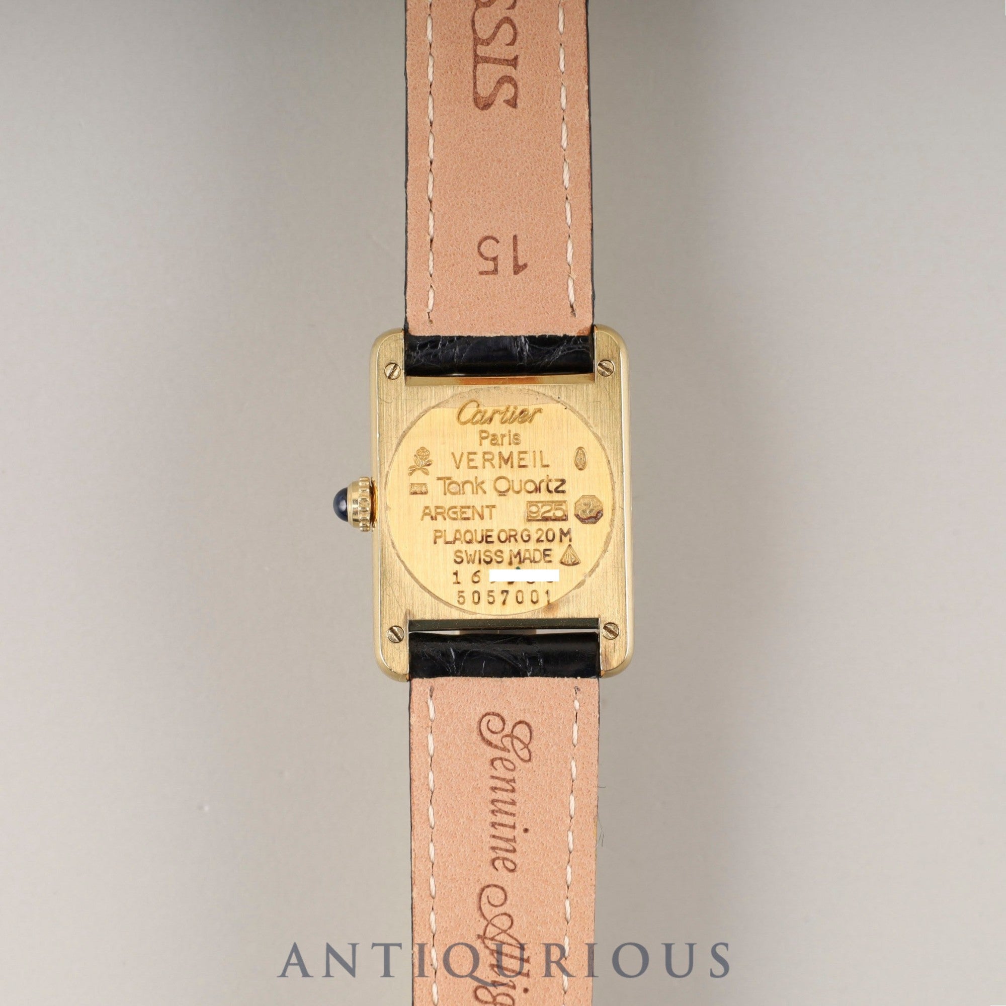 Cartier Must Tank SM W1005554 / 5057001 Quartz Caliber 057 SV925 Leather Genuine D-buckle (GP) Opalescent Dial Circa 1982-1995 Box Case Booklet Overhauled