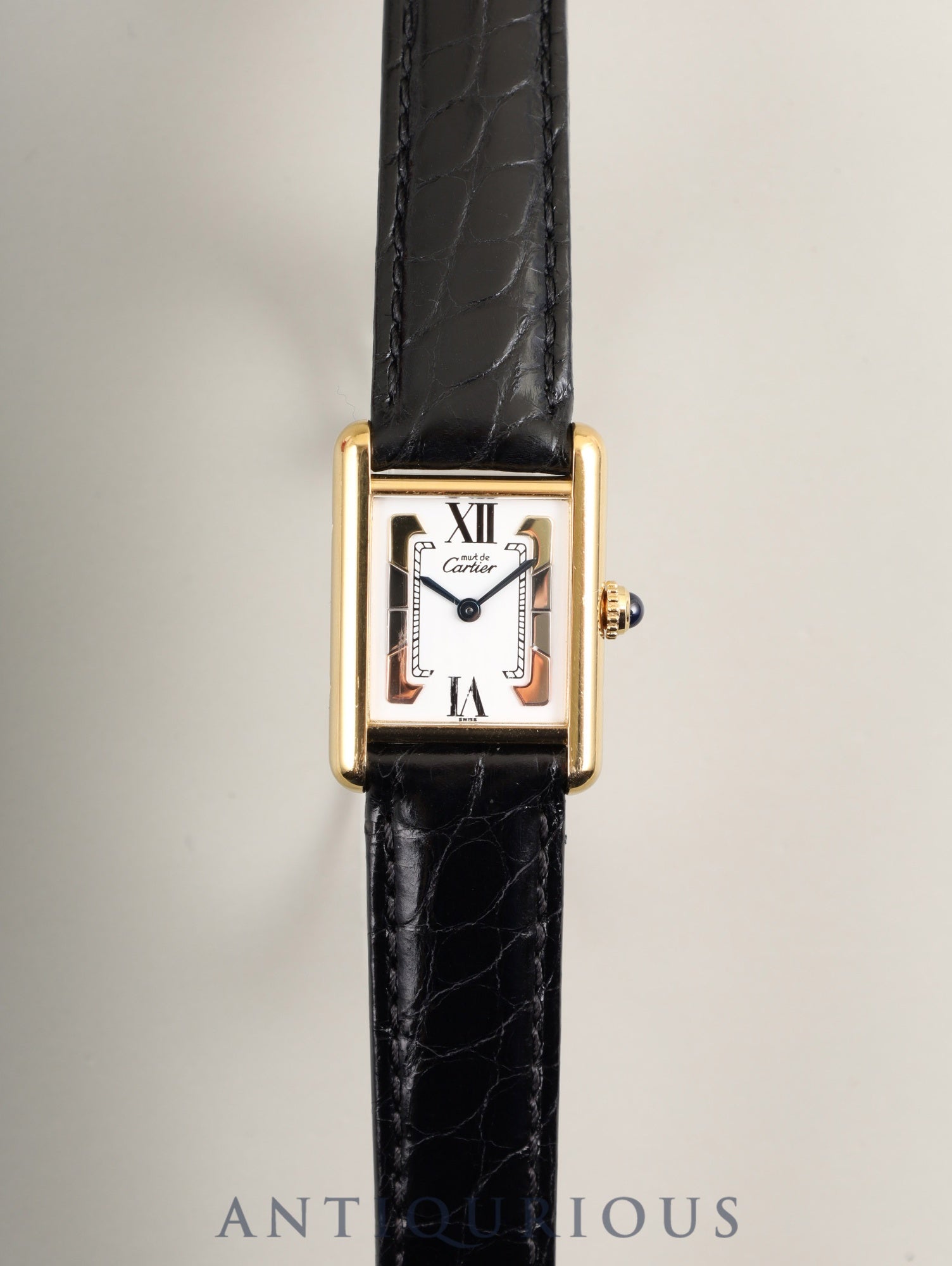 Cartier Must Tank SM 1613 Quartz Caliber 057 SV925 Leather Watch with Genuine D-Buckle (GP) and Side Trinity Dial (SWISS Markings), Circa 1982-1995, Box, Genuine Leather Strap, Overhauled