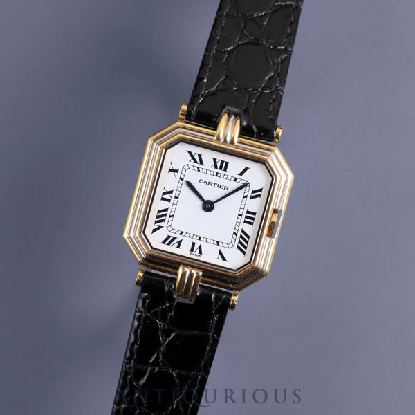 Cartier Santur LM Quartz Cal.81 750YG Leather Genuine Buckle (GP) White Roman Dial Overhauled