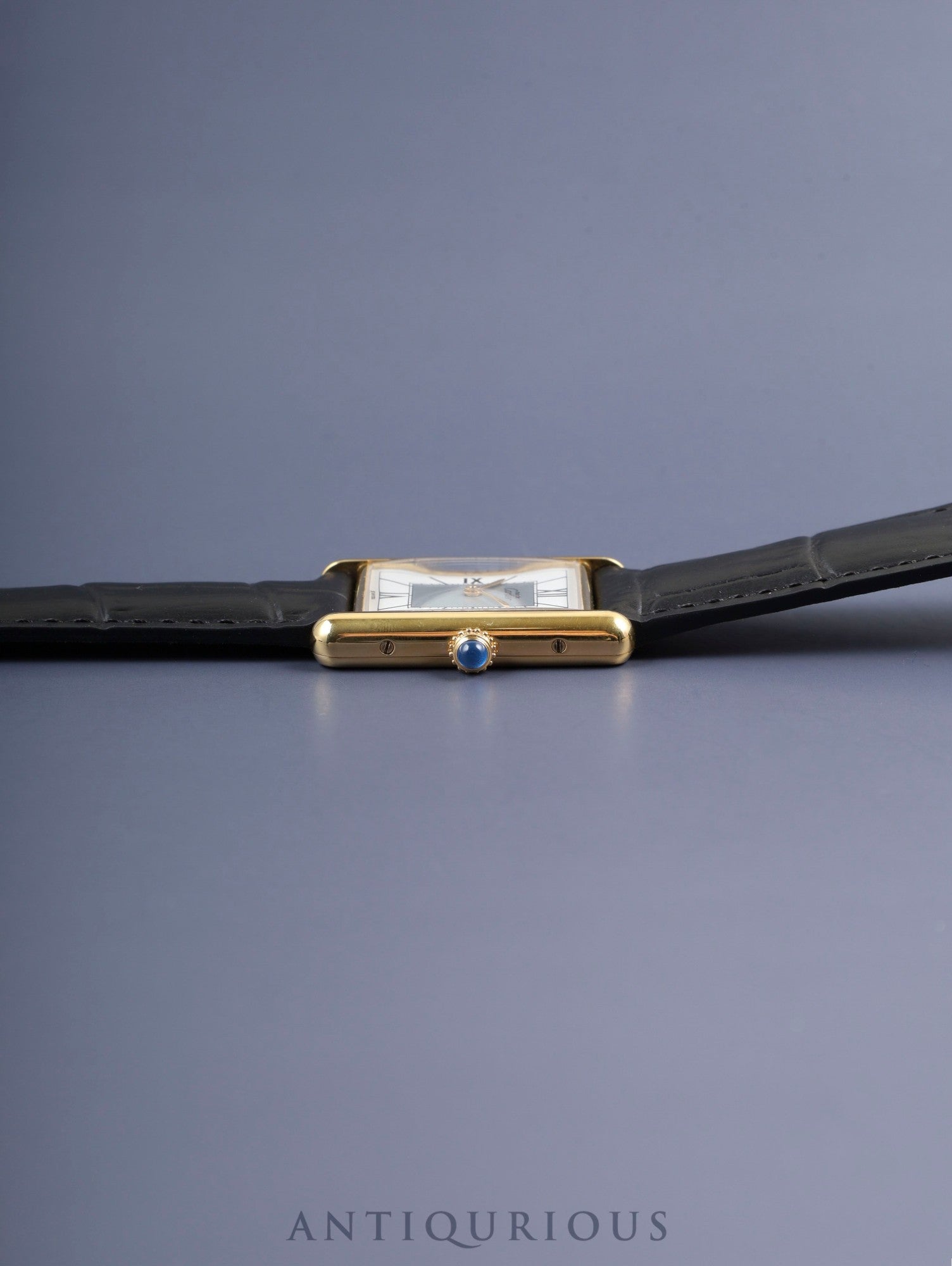 Cartier Must Tank LM 590005 Quartz Caliber 90 SV925 Leather Strap with Genuine D-buckle (GP) Gray Roman Dial with Center Drop, Overhauled and Finished to Look Like New