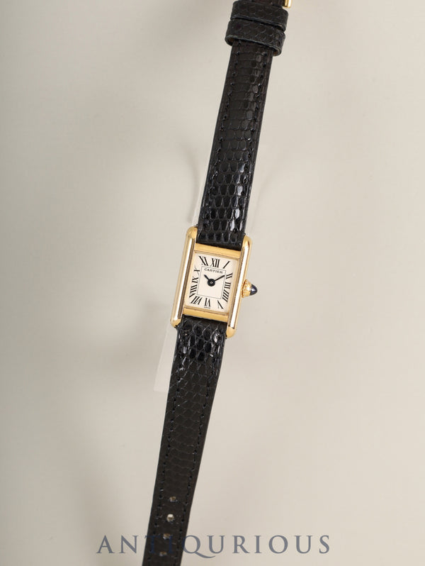 Cartier Tank Mini W1501856 / 1360 Quartz Cal.280002 750YG aftermarket leather strap, genuine pin buckle (750YG), ivory Roman dial (SWISS表記), box, booklet, warranty card (1996), overhauled